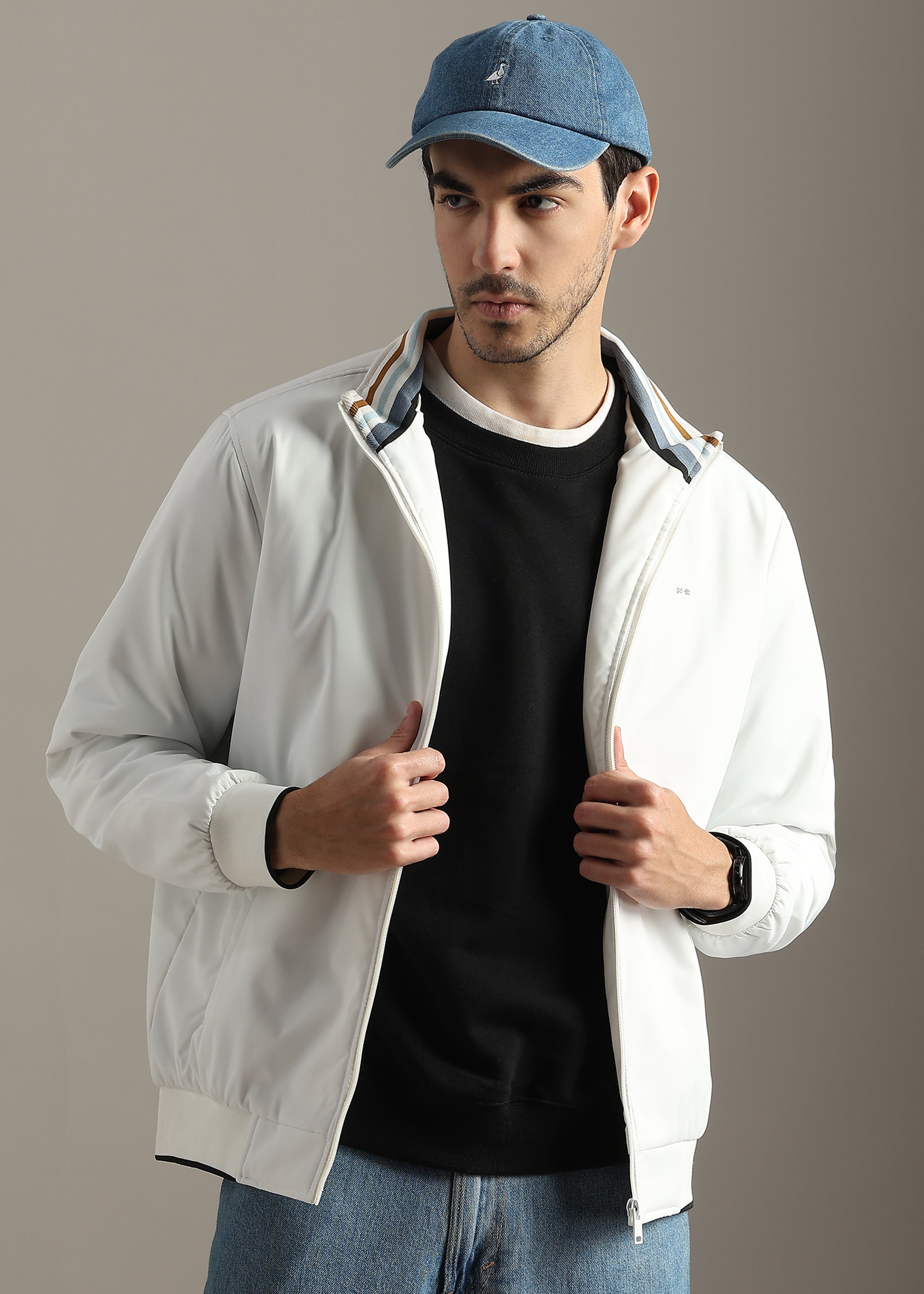 WHITE PREMIUM HARRINGTON NYLON FULL SLEEVE JACKET