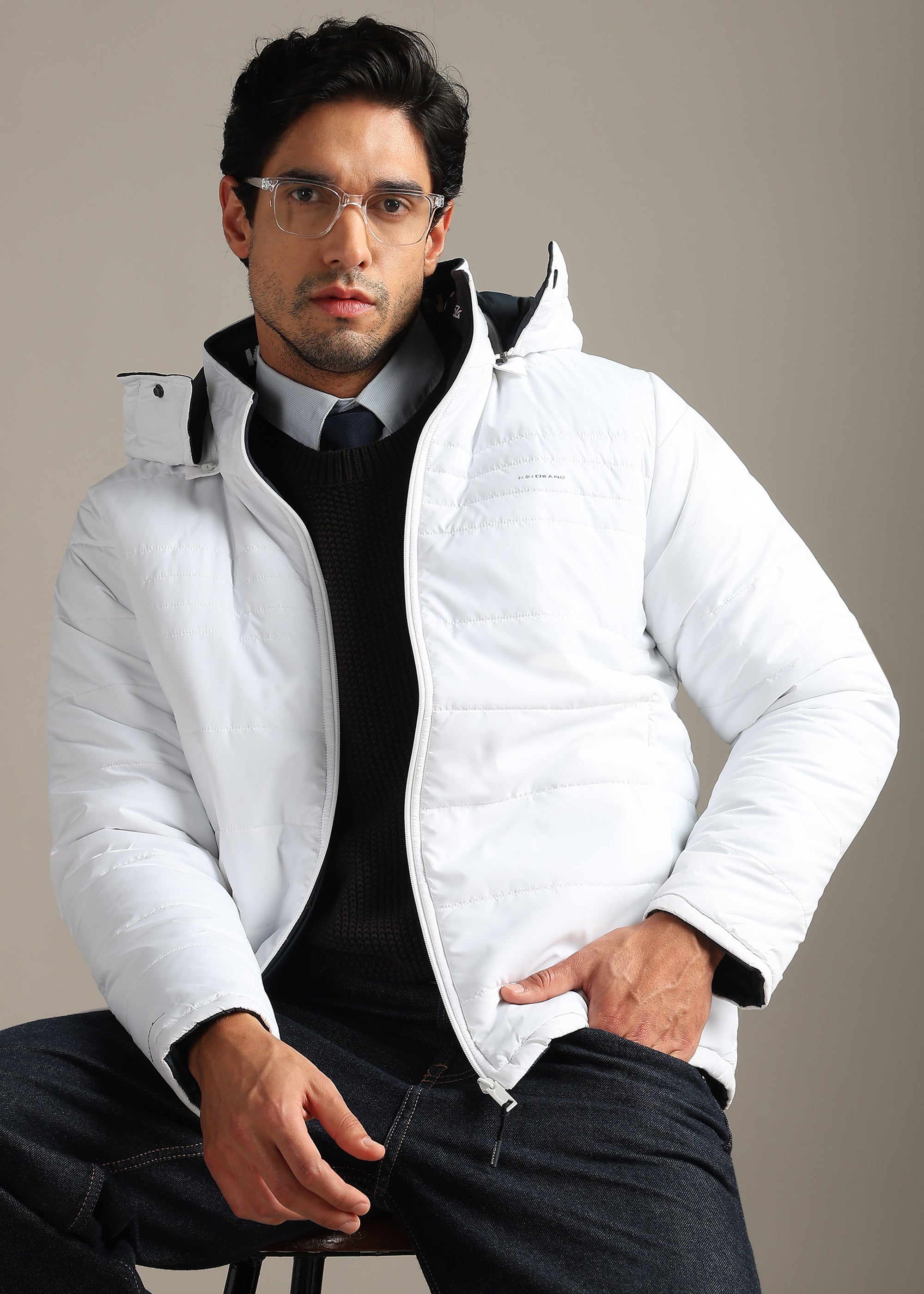 WHITE SOLID NYON FULL SLEEVE REVERSIBLE PUFFER JACKET
