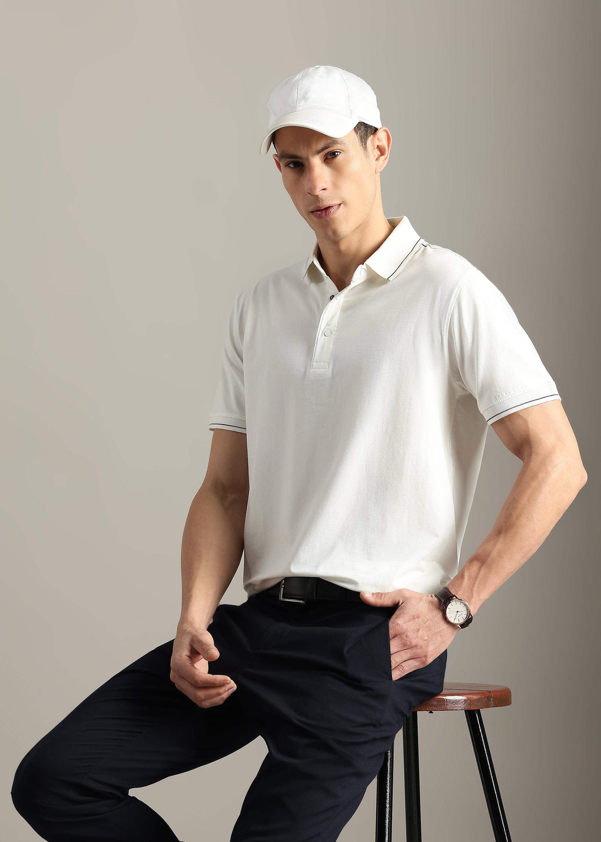 WHITE SOLID COTTON ELASTANE POLO TEE