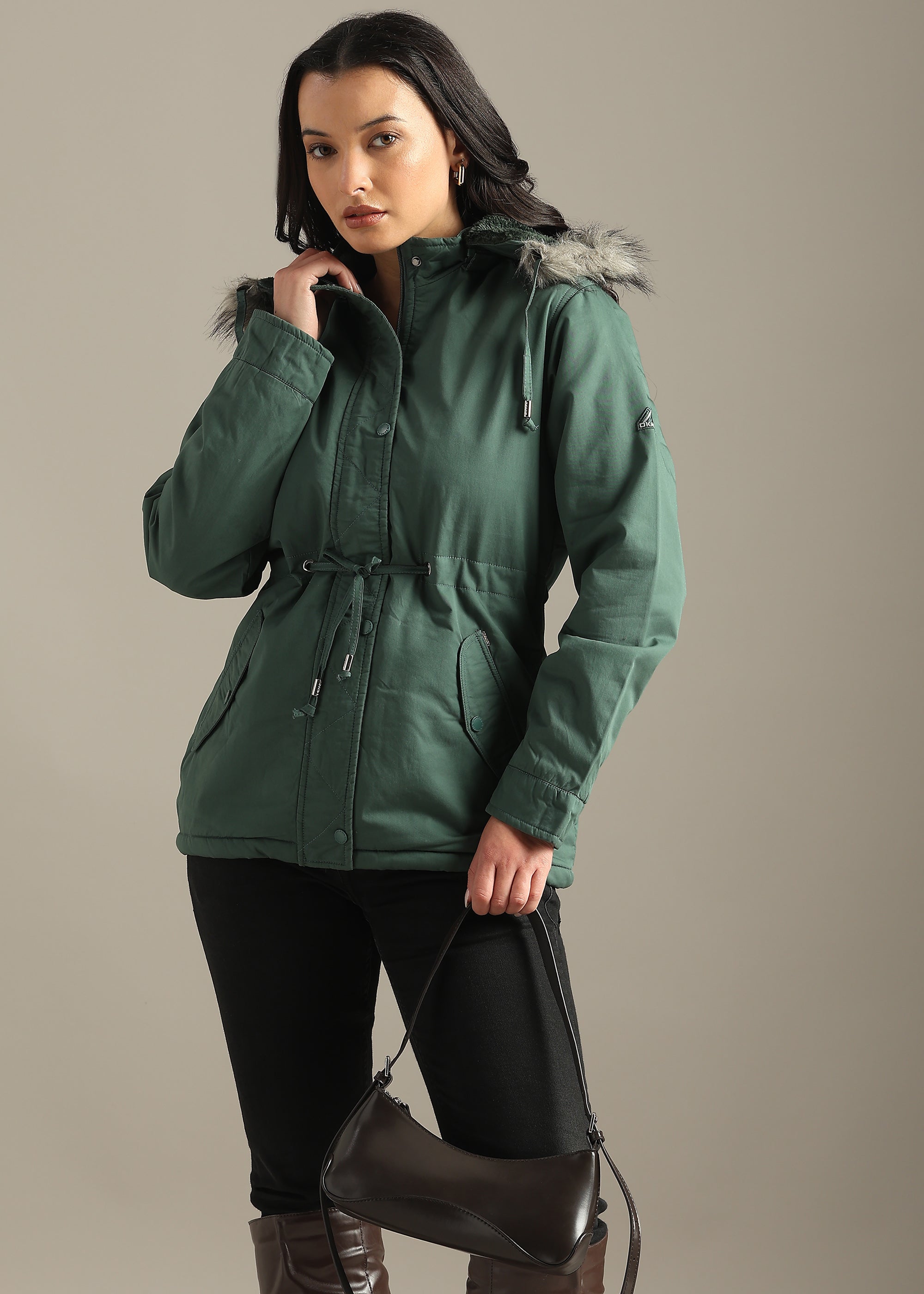 GREEN SOLID COTTON UTILITY FUR BACK FULL SLEEVE JACKET