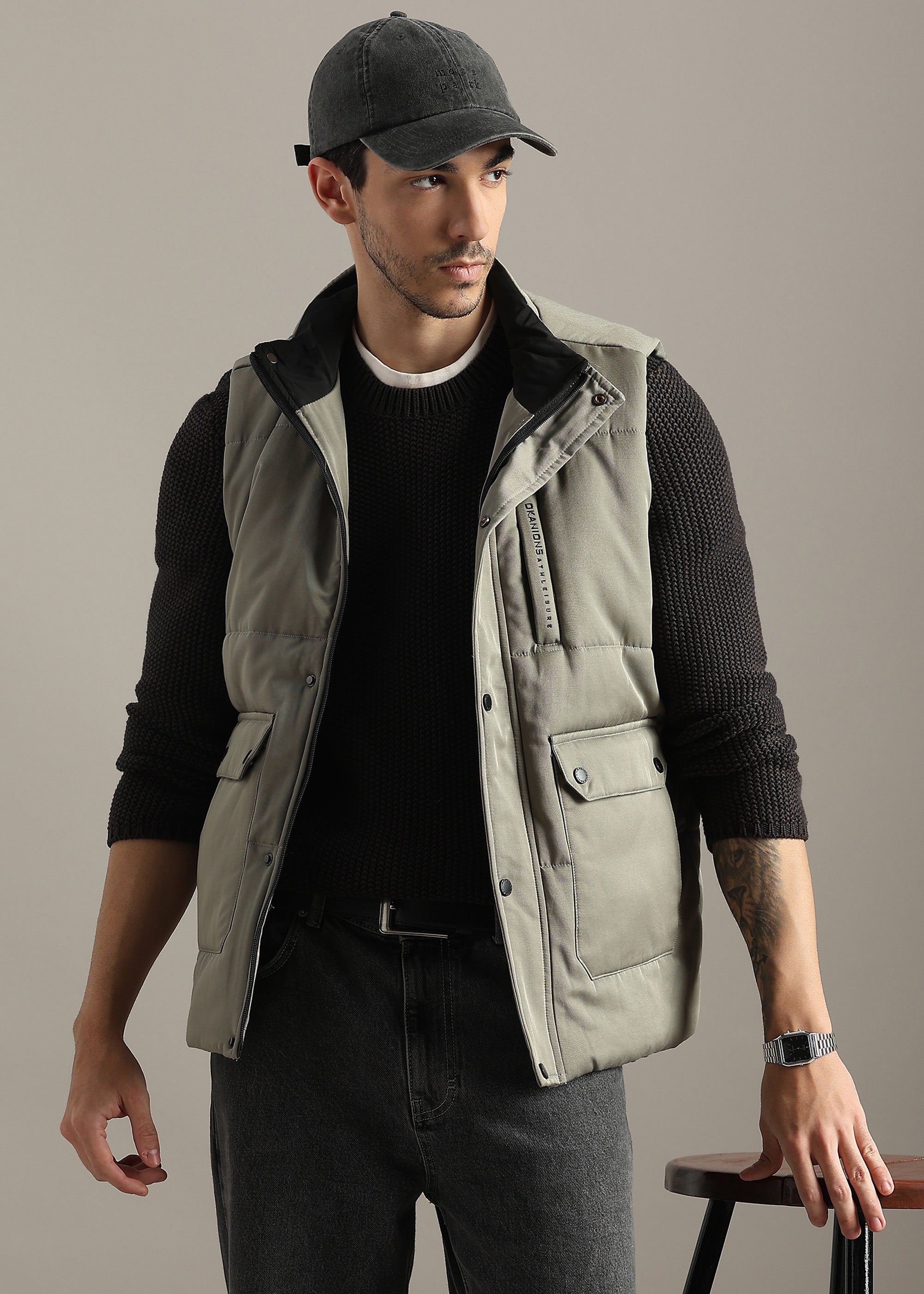 OLIVE SOLID FAUX COTTON CARGO GILET