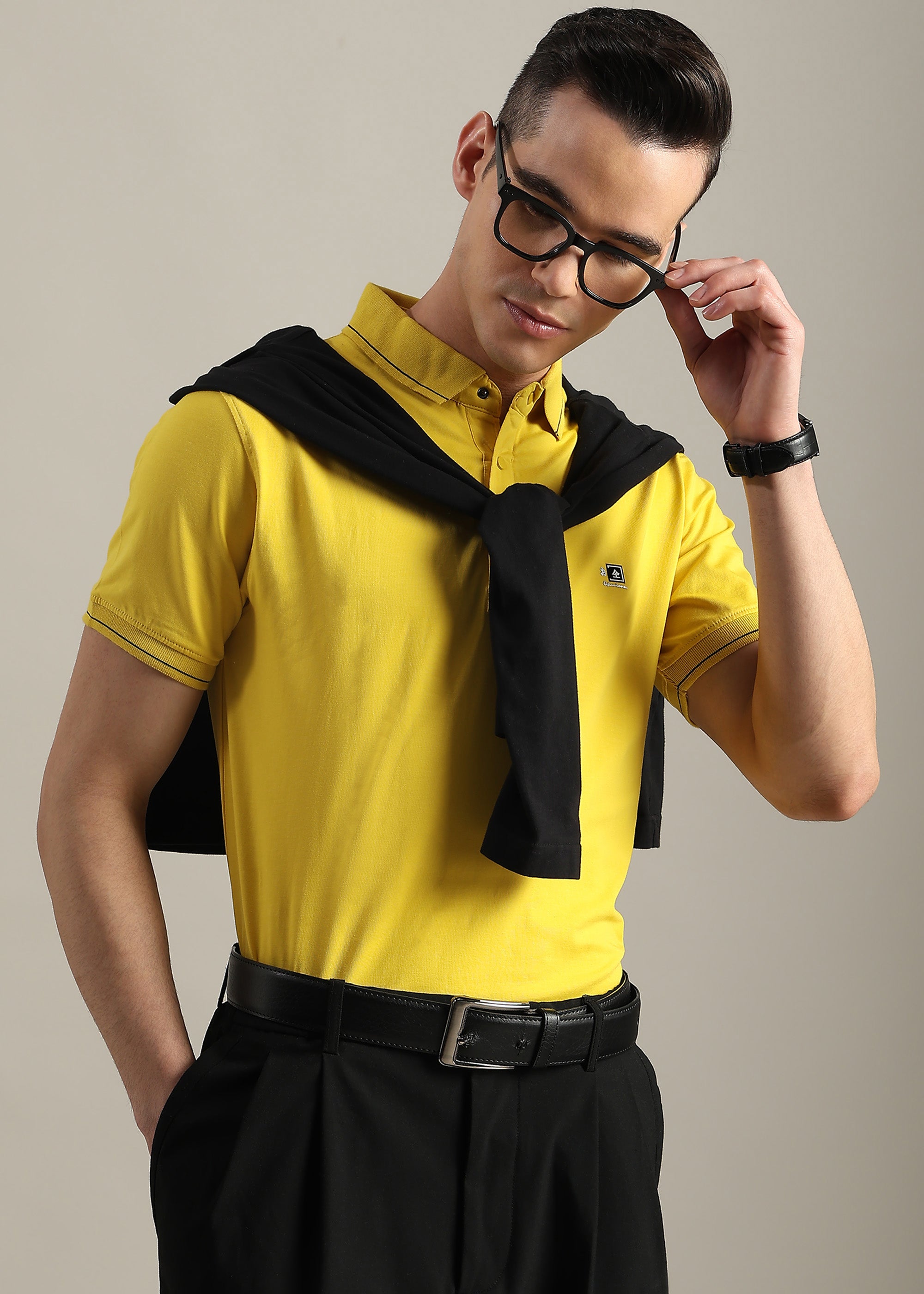 YELLOW SOLID COTTON ELASTANE POLO TEE