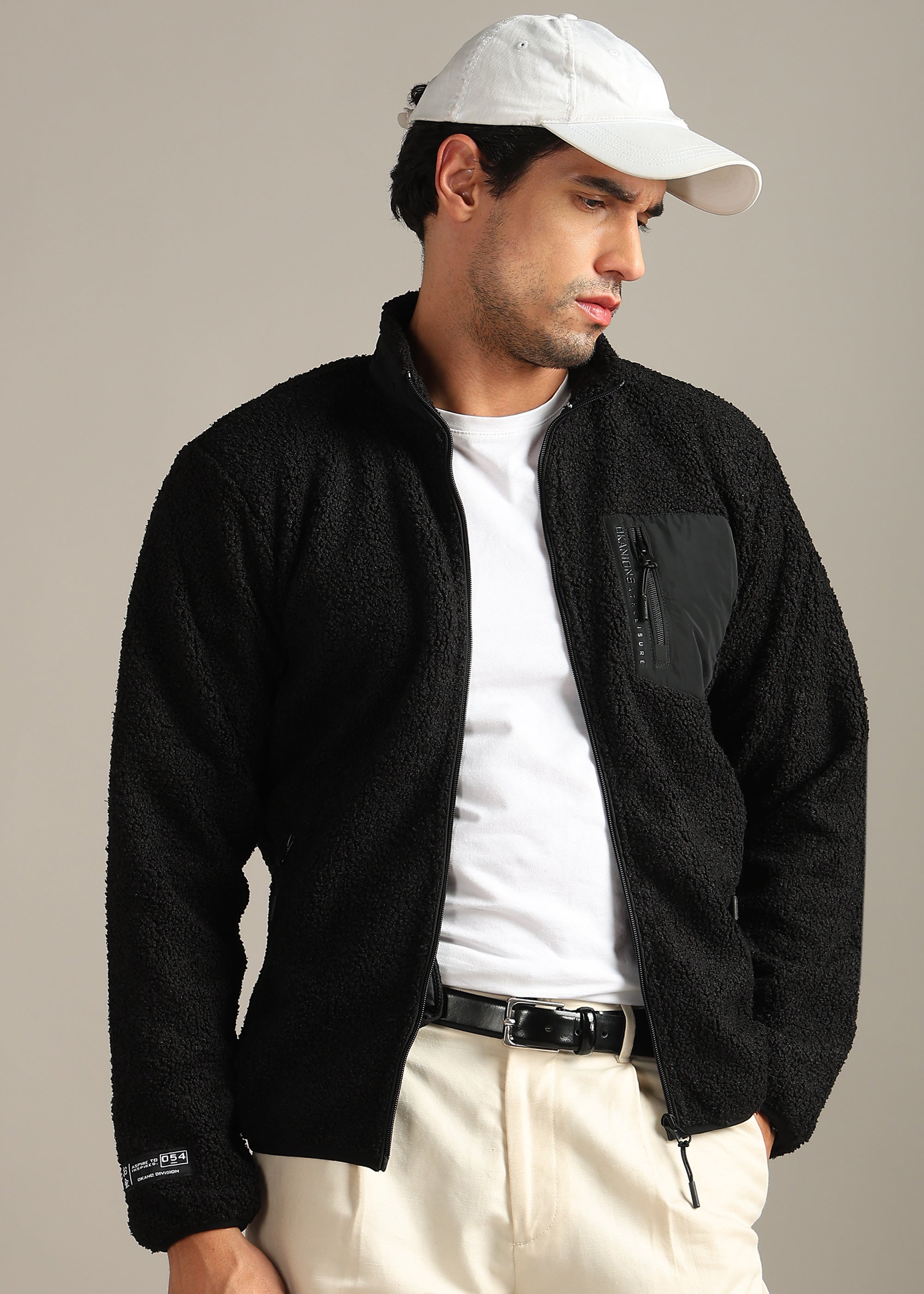 BLACK SOLID FOUX SHEARLING ZIPPER SWEAT SHIRT