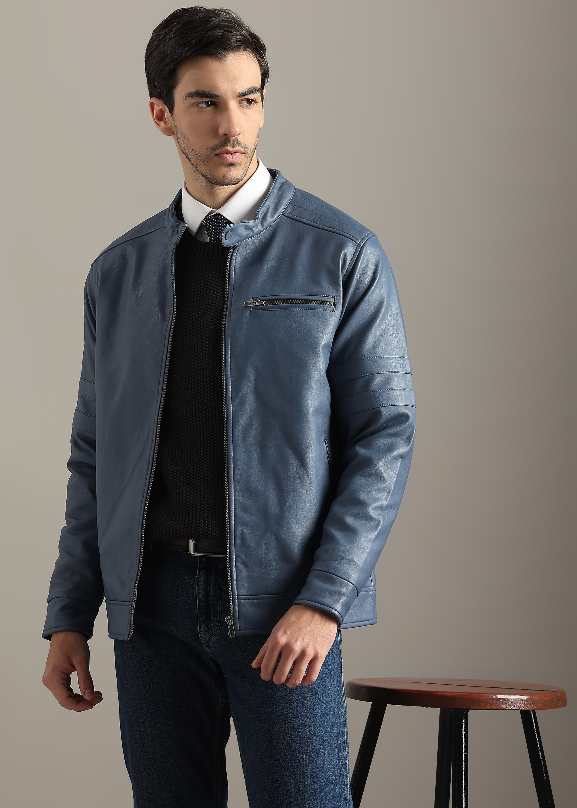 BLUE FAUX LEATHER TRIM MANDARIN COLLAR FULL SLEEVE TAILORED JACKET