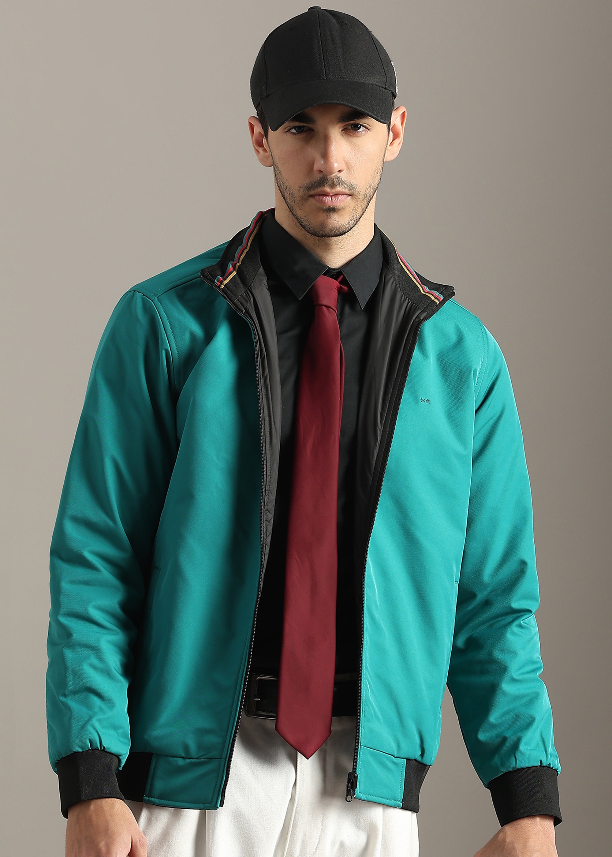 GREEN SOLID REVERSIBLE FAUX COTTON FULL SLEEVE JACKET