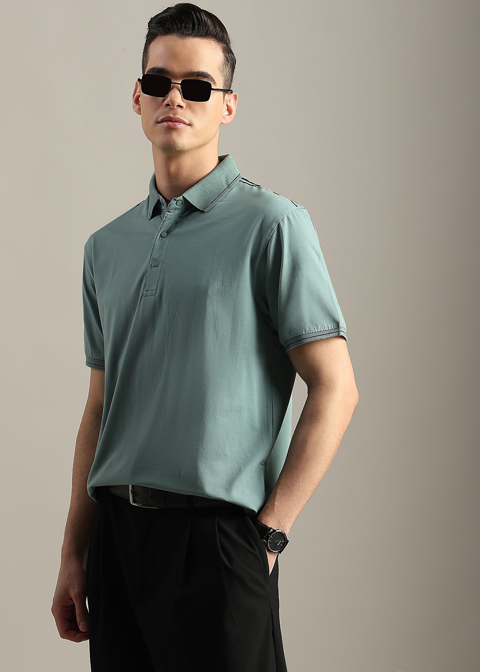 GREEN SOLID COTTON ELASTANE POLO TEE