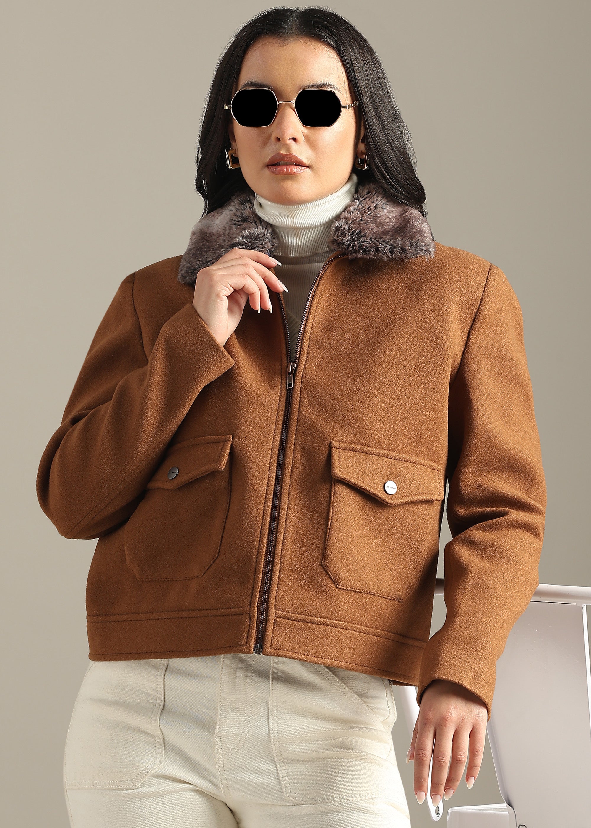 TAN DETACHABLE FUR BLOUSON COAT