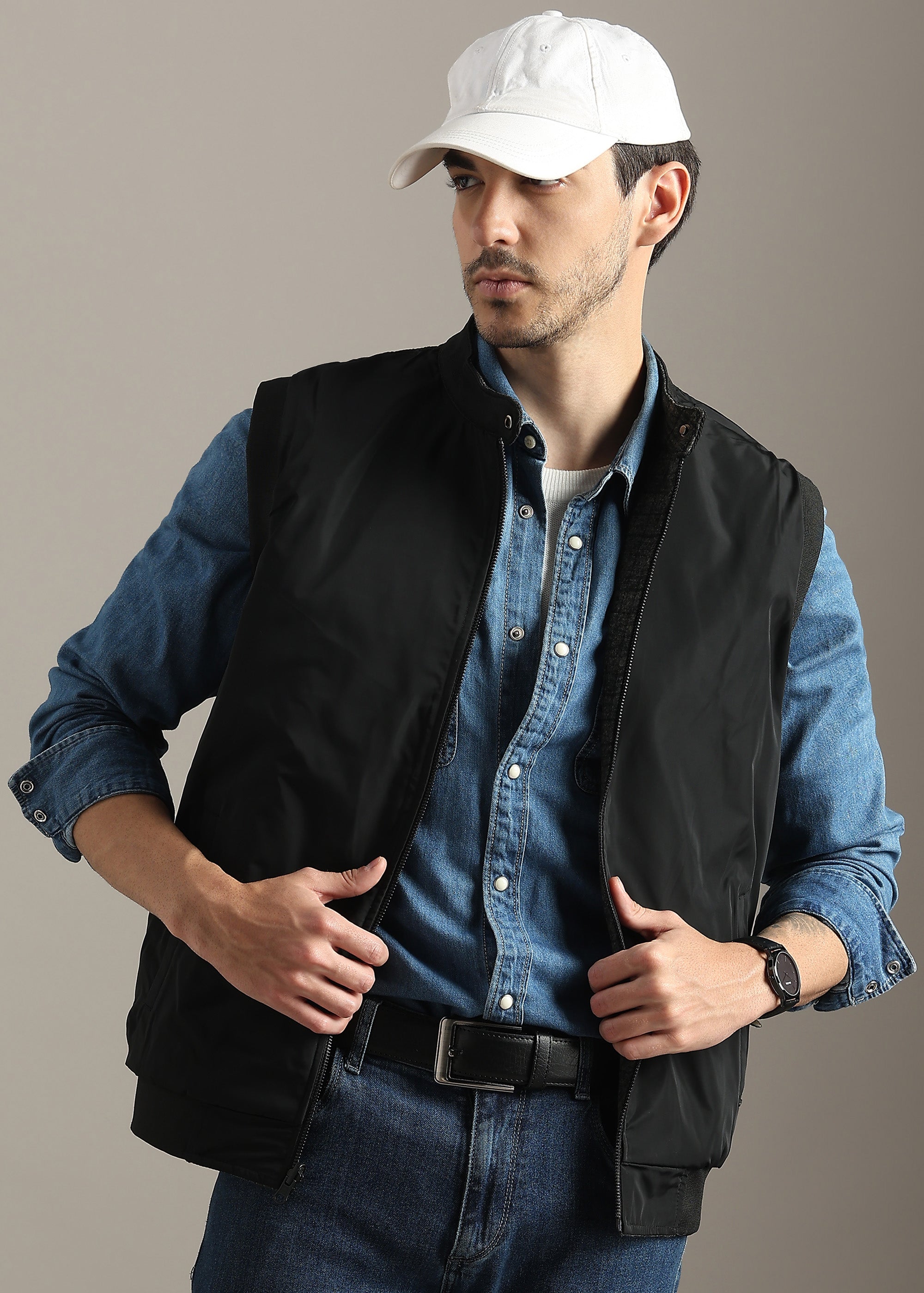 BLACK CHECKED TWEED ELASTANE REVERSIBLE GILET