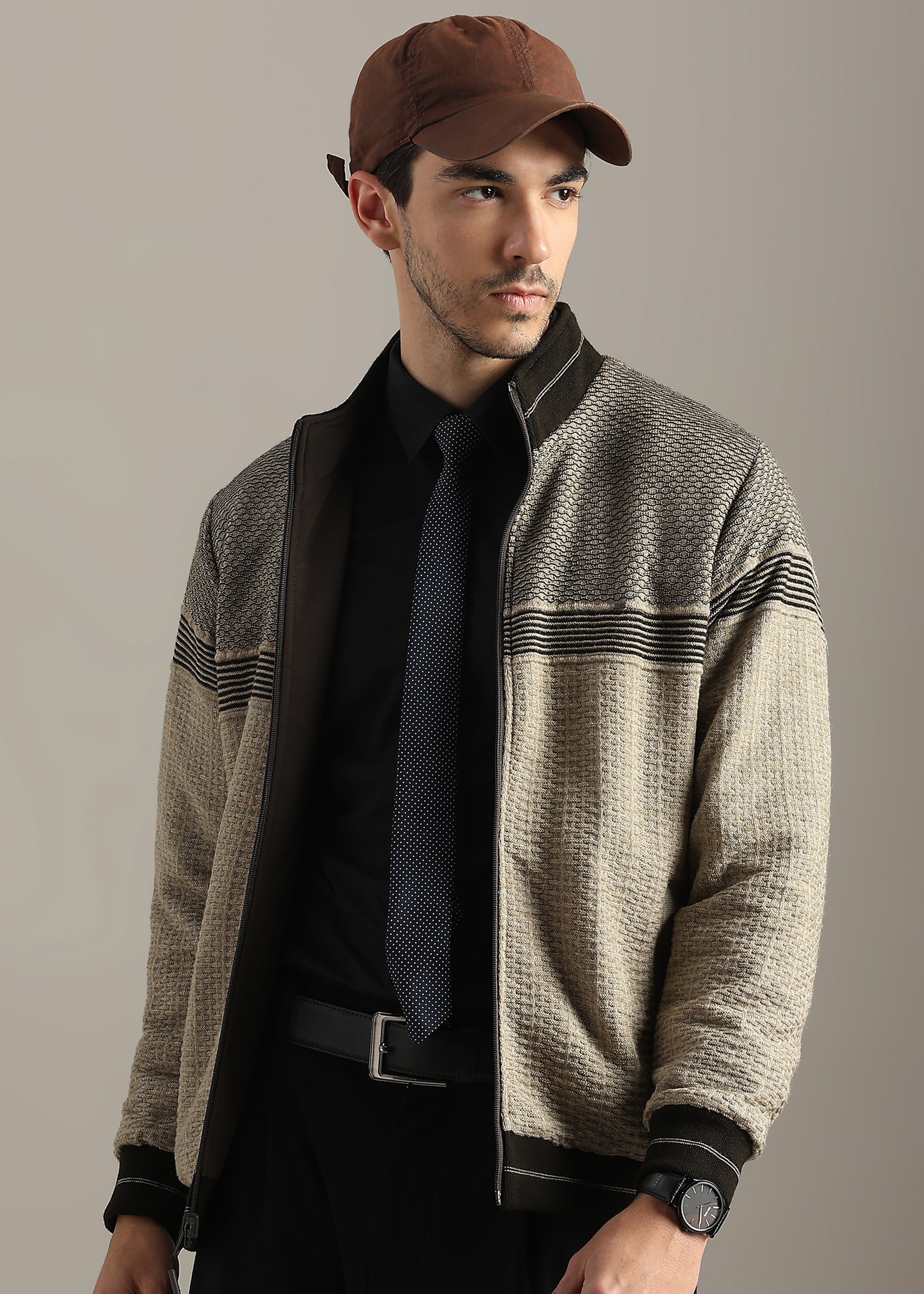 BROWN REVERSIBLE FULL SLEEVE JACKET WITH ENGINEERED SWEATER