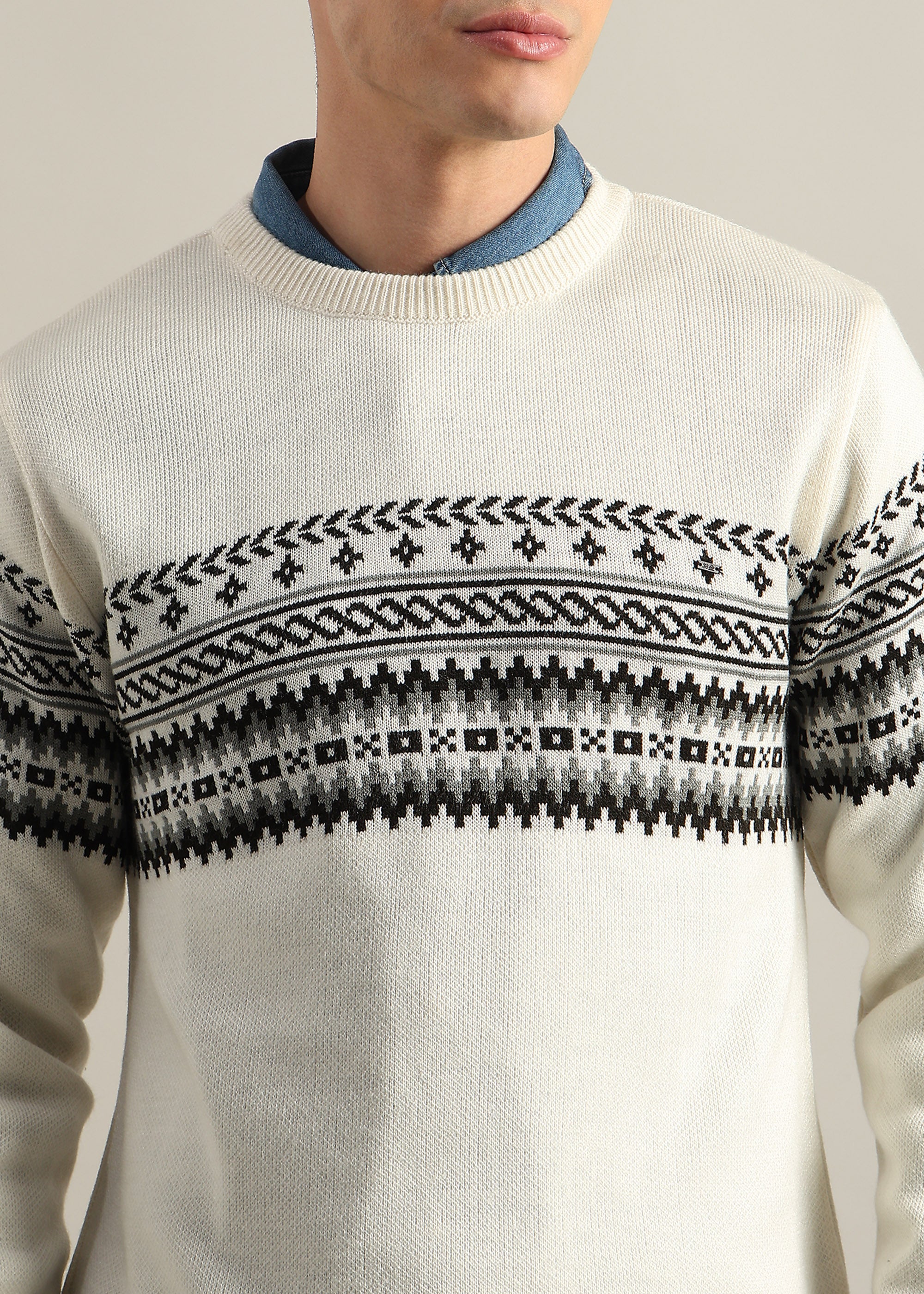 WHITE STRUCTURED CREW NECK SWEATER