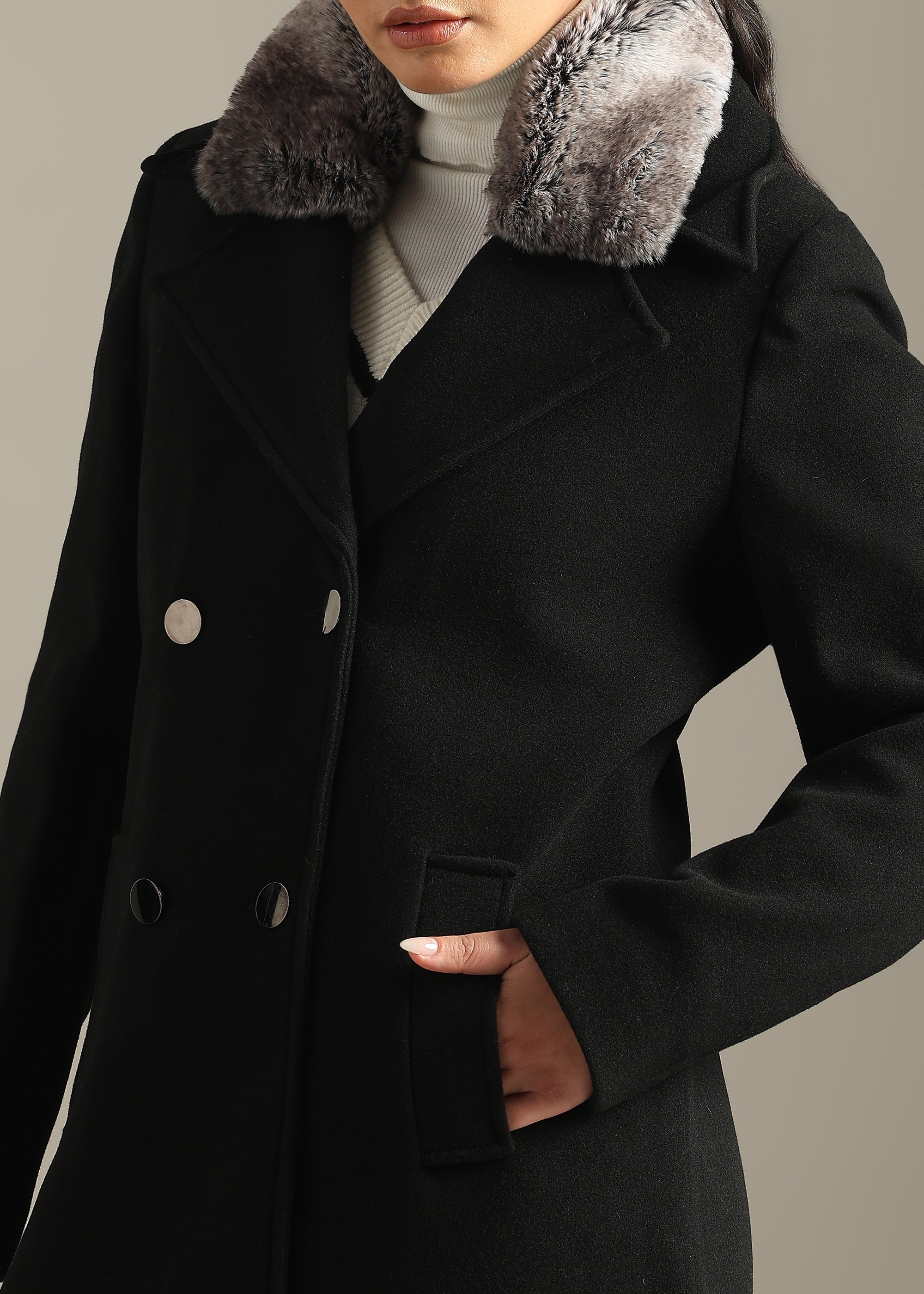 BLACK SOLID TWEED DETACHABLE FUR COLLAR OVERCOAT