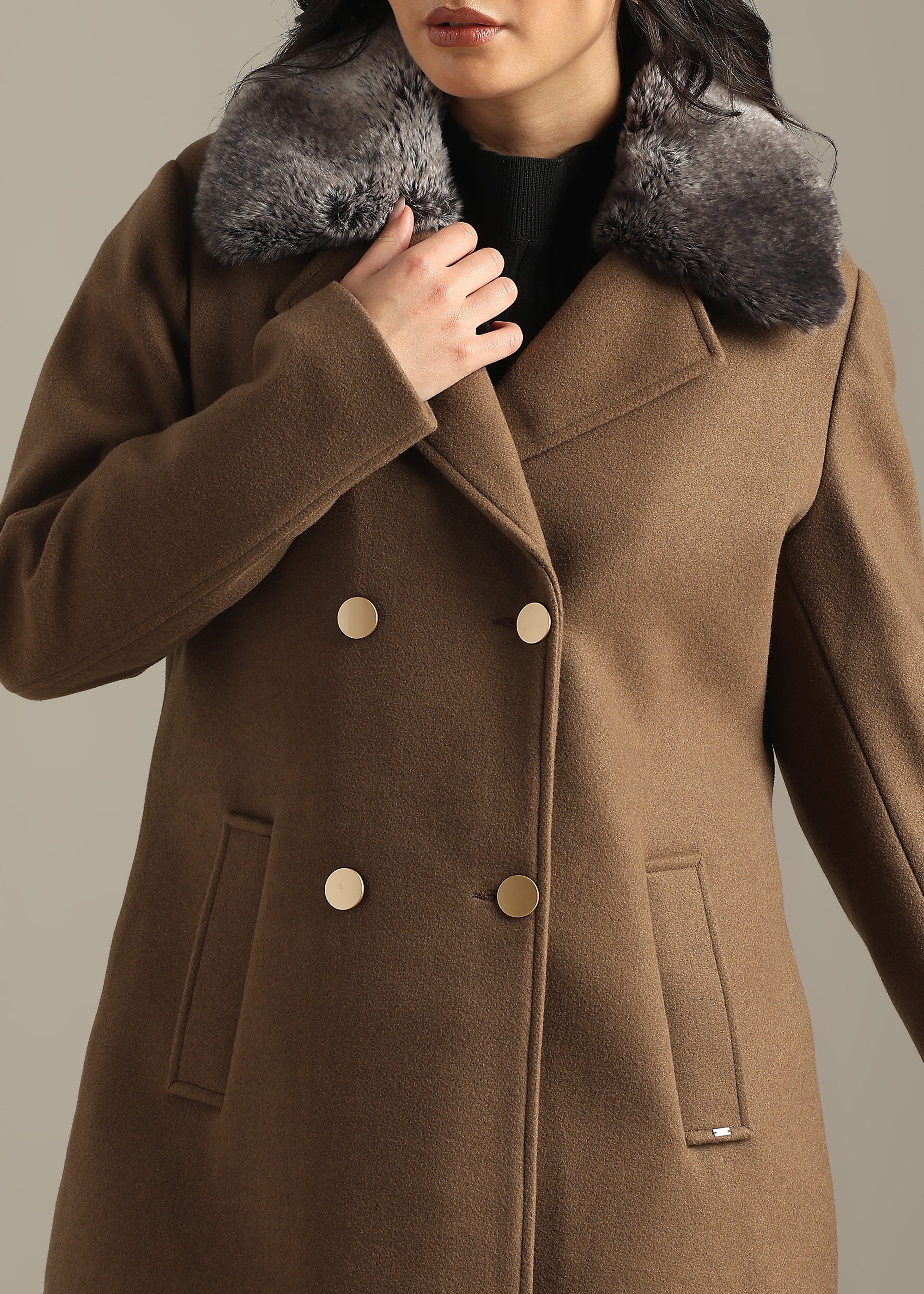 COFFEE SOLID TWEED DETACHABLE FUR COLLAR OVERCOAT