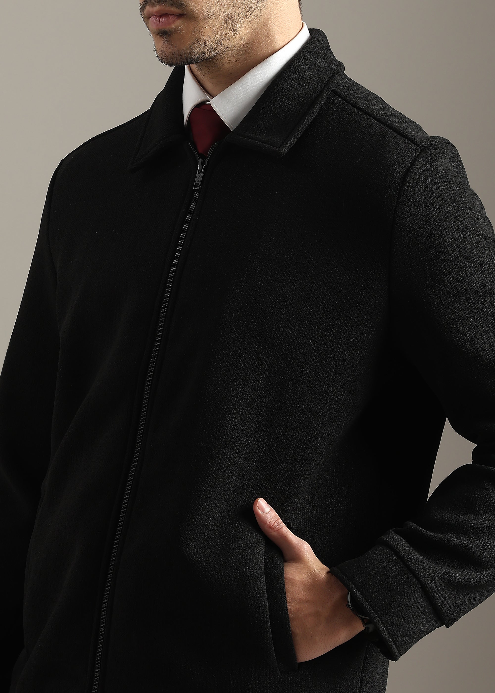 BLACK STRUCTURED BLOUSON FULL SLEEVE JACKET