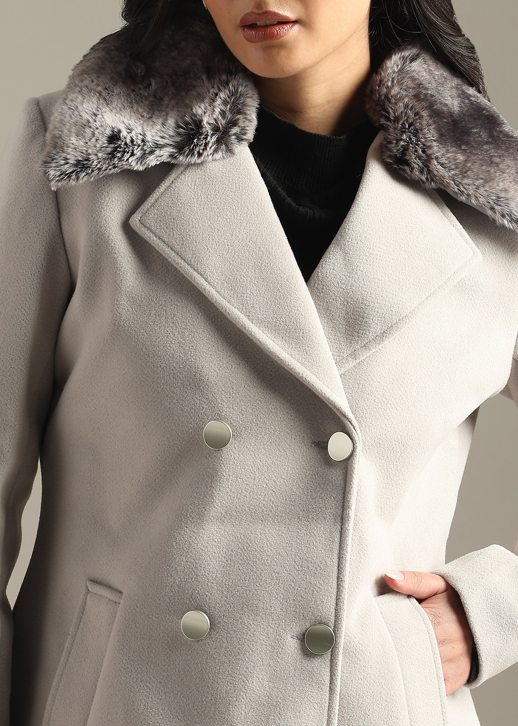 CEMENT SOLID TWEED DETACHABLE FUR COLLAR OVERCOAT