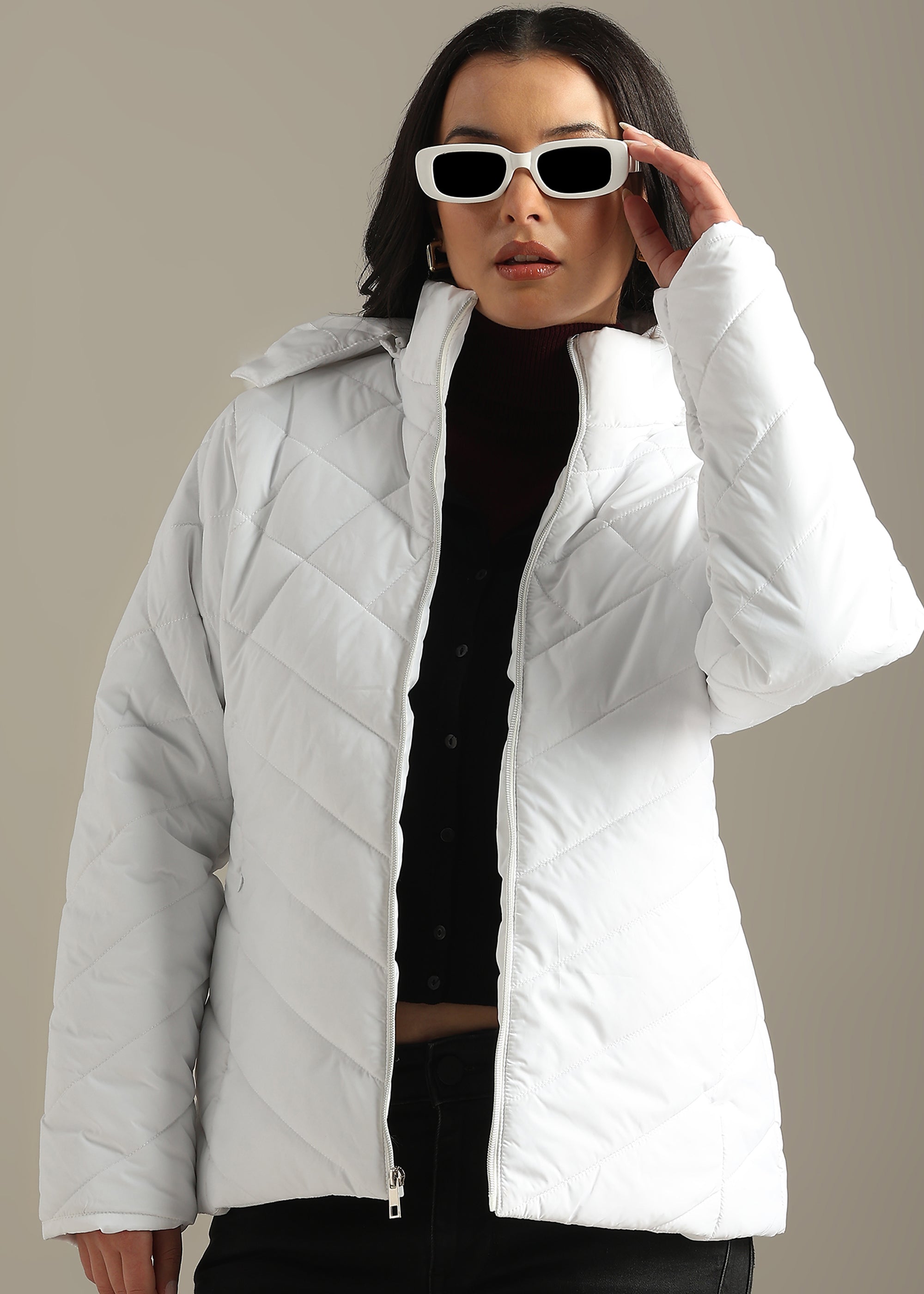 WHITE ENGINEERED QUILTED FULL SLEEVE JACKET
