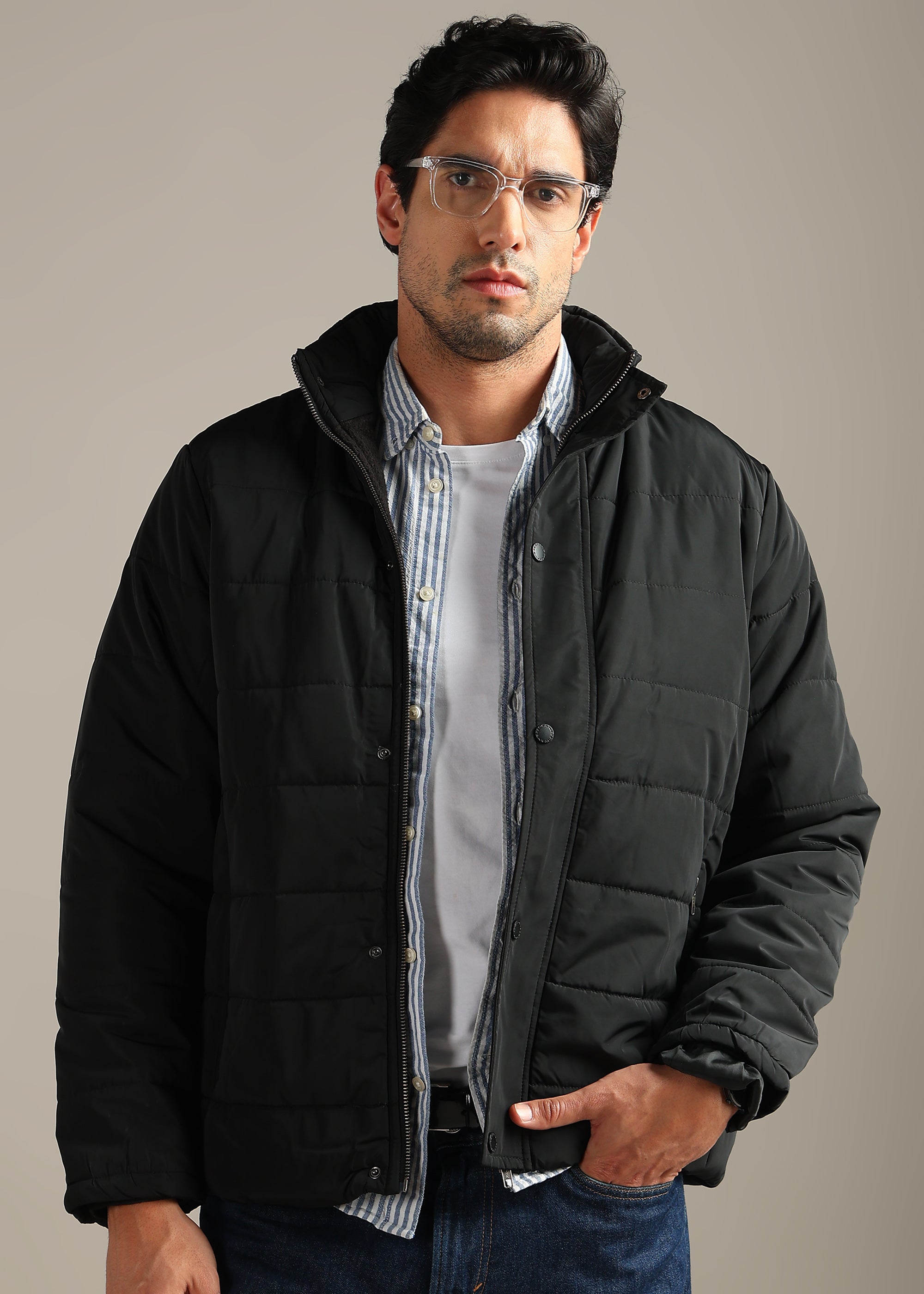 BLACK FUR PADDED HOODIE FULL SLEEVE JACKET