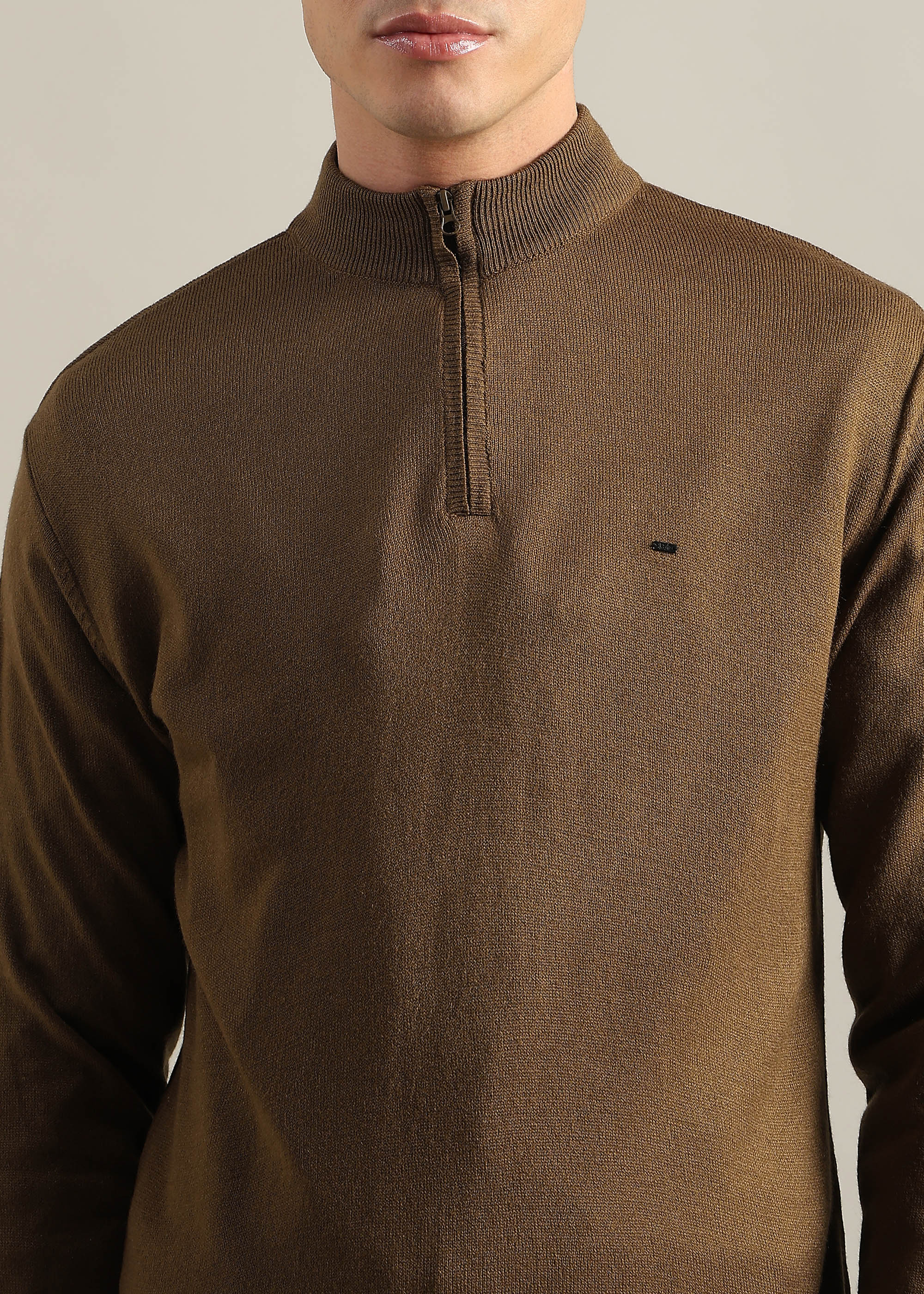TAN SOLID ACRYLIC TURTLE NECK SWEATER
