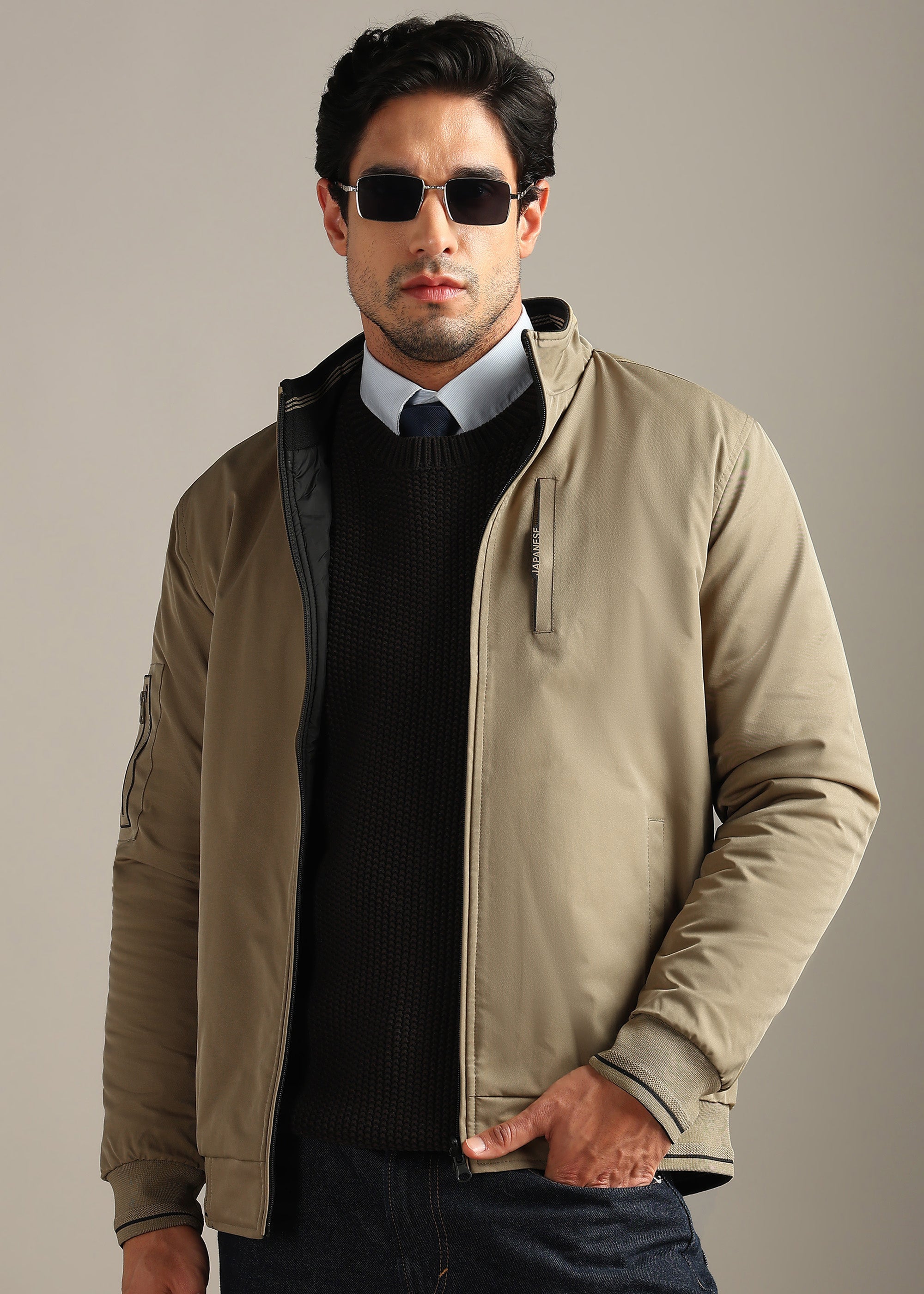 CAMEL SOLID REVERSIBLE MULTI POCKET FULL SLEEVE JACKET