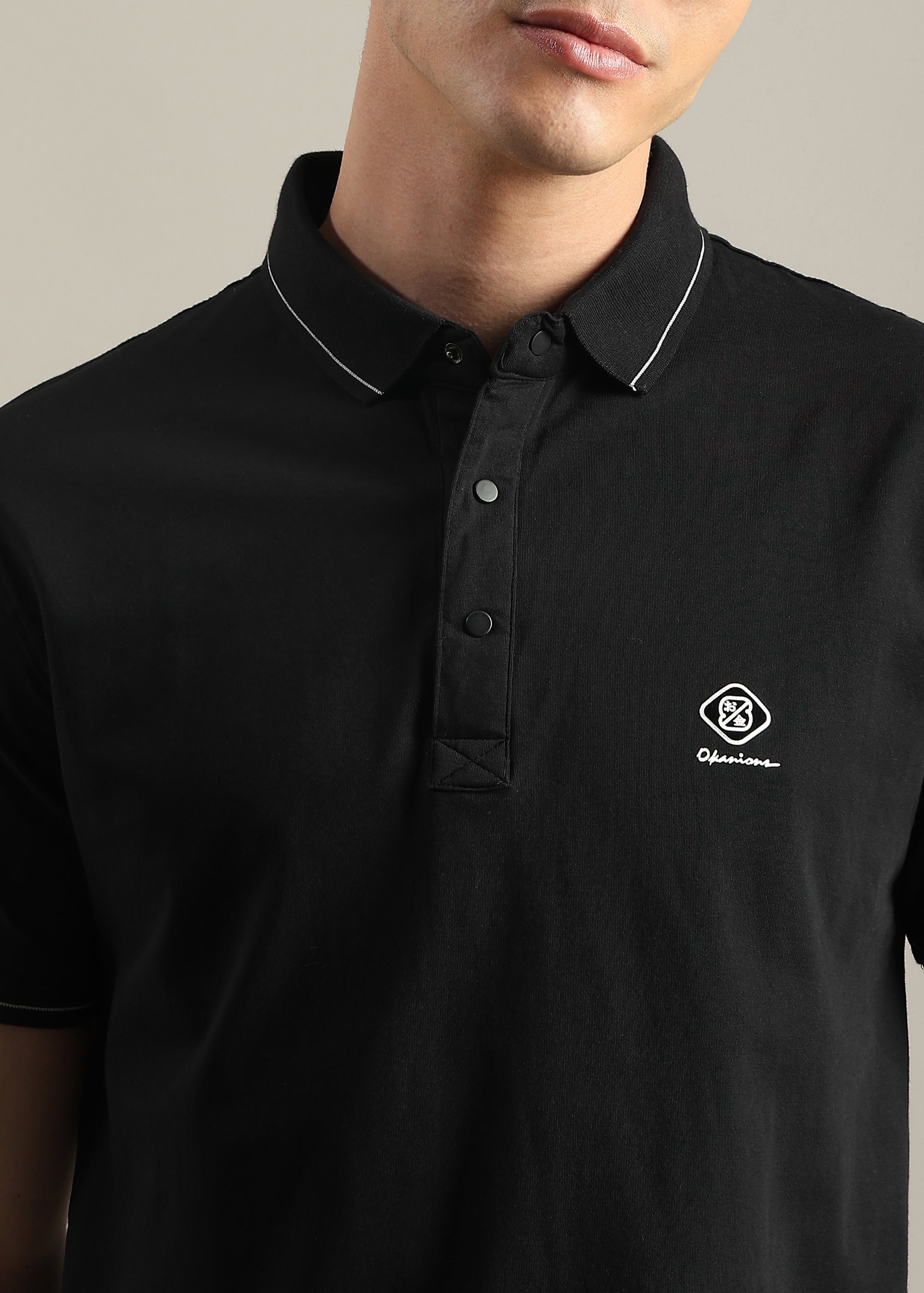 BLACK SOLID COTTON ELASTANE POLO TEE