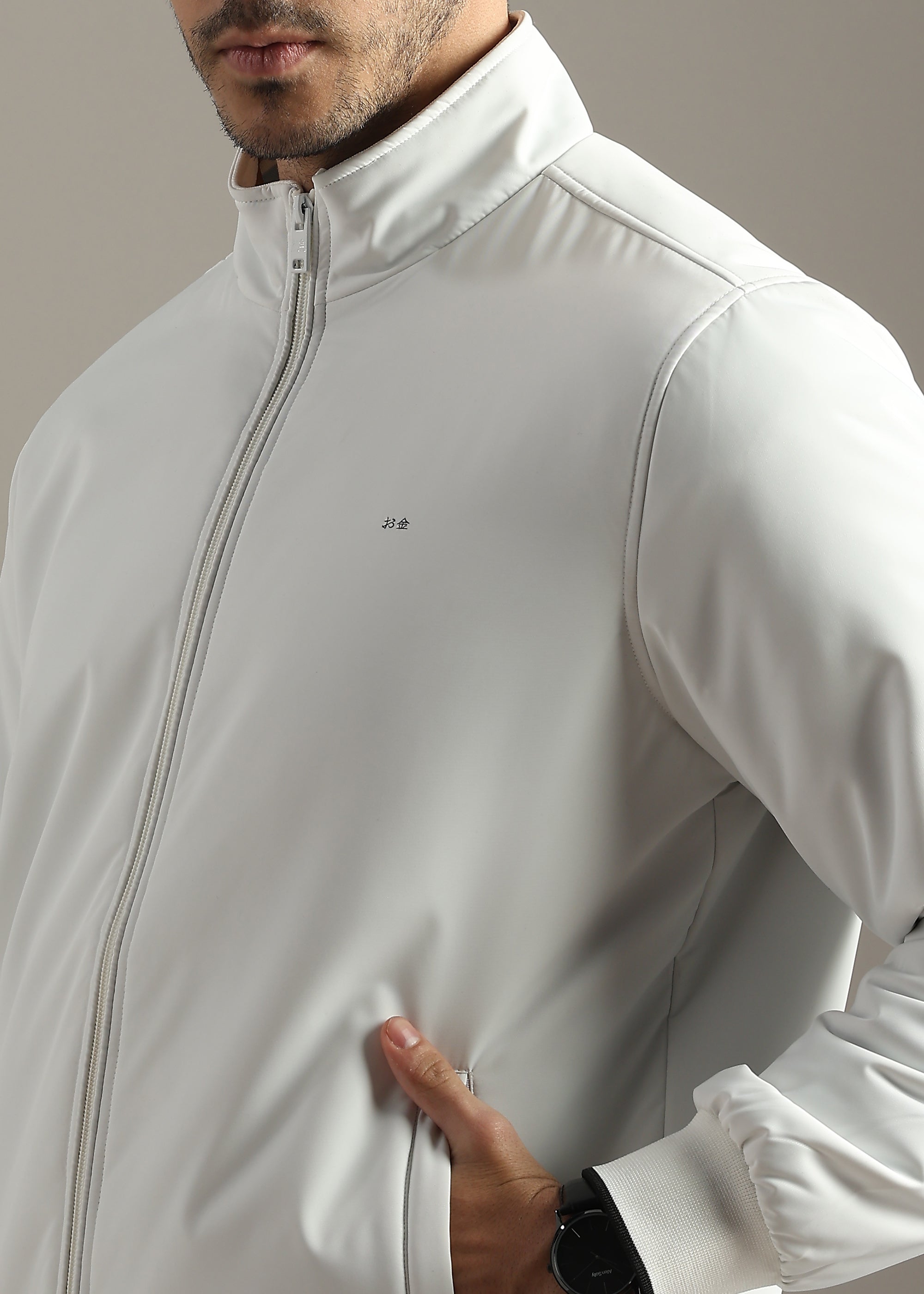 WHITE PREMIUM HARRINGTON NYLON FULL SLEEVE JACKET