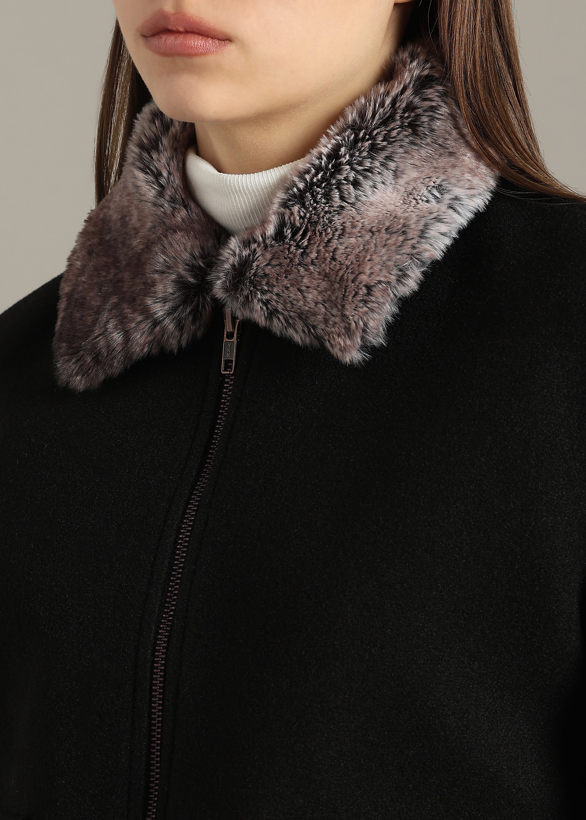 BLACK DETACHABLE FUR BLOUSON COAT