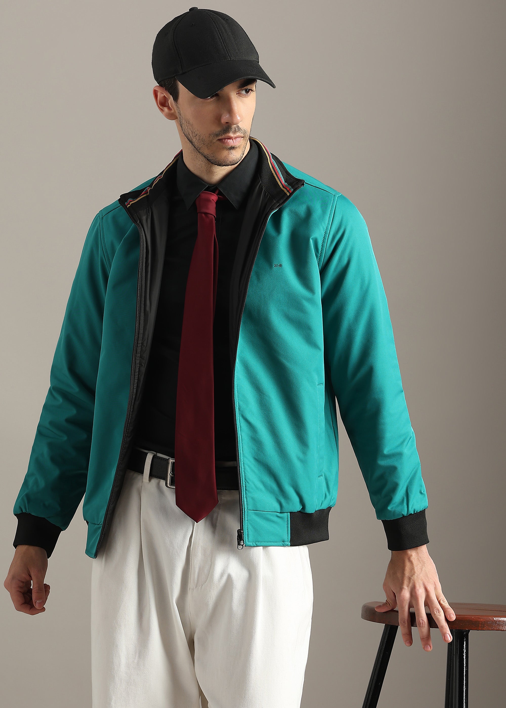 GREEN SOLID REVERSIBLE FAUX COTTON FULL SLEEVE JACKET