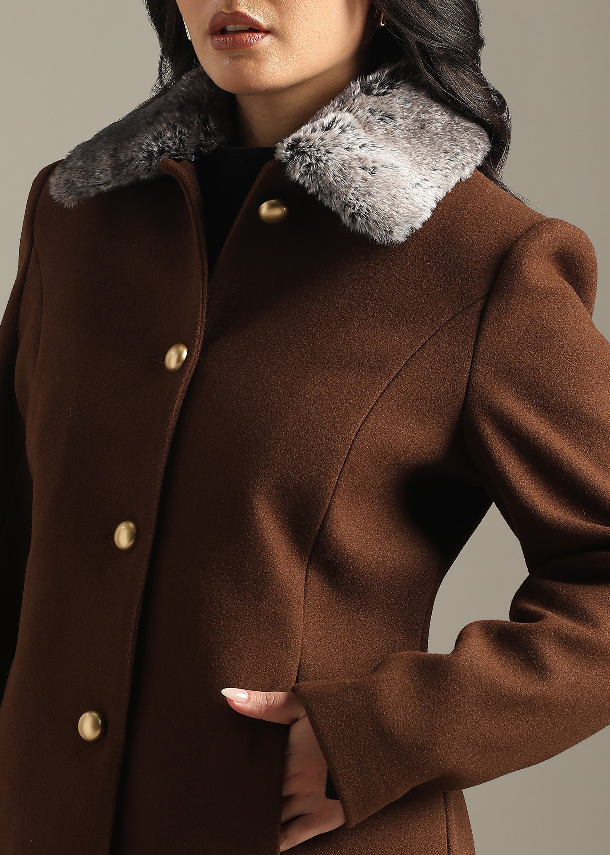 COFFEE DETACHABLE FUR COLLAR COAT