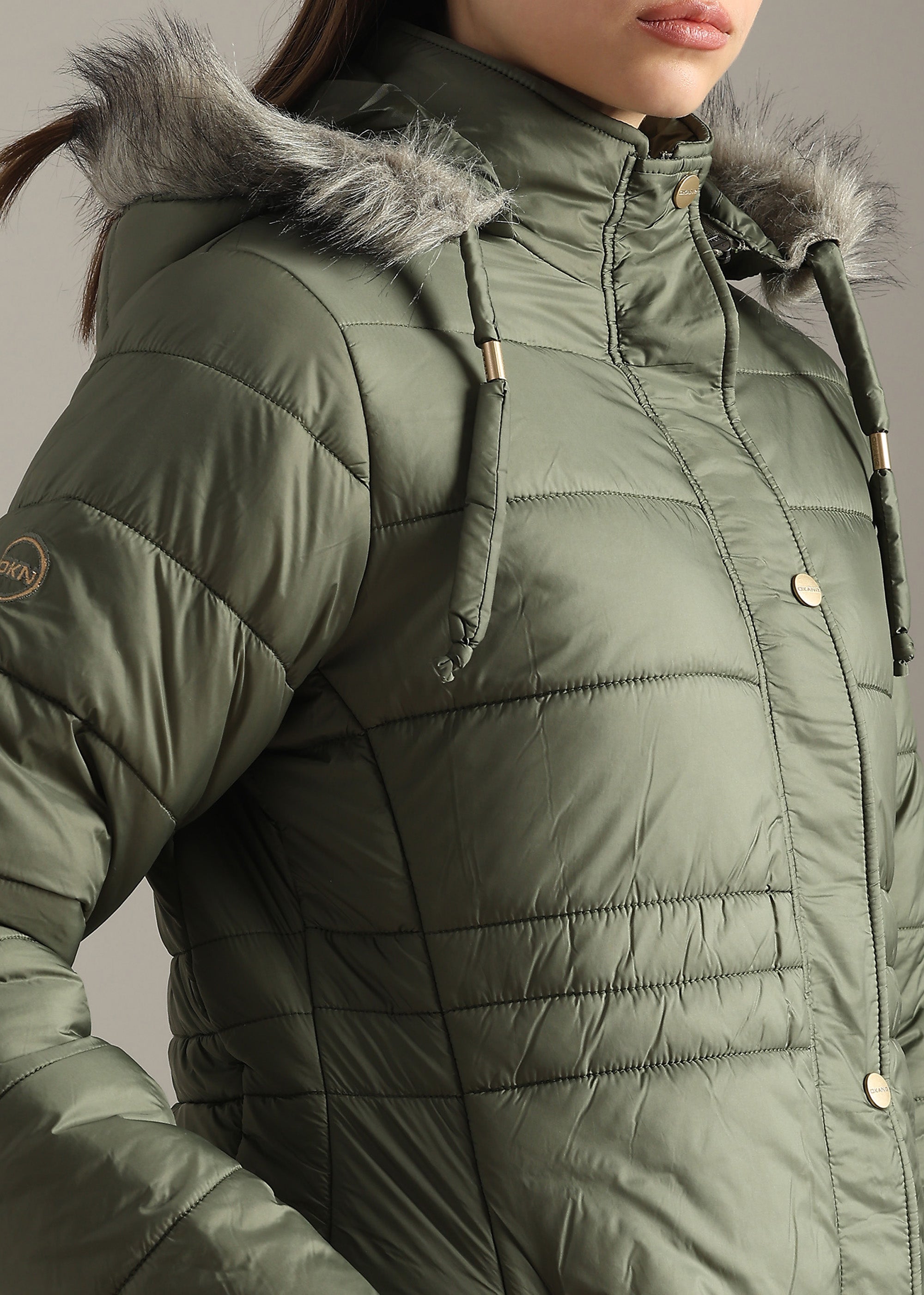 OLIVE SOLID NYLON LONG SKI FULL SLEEVE JACKET