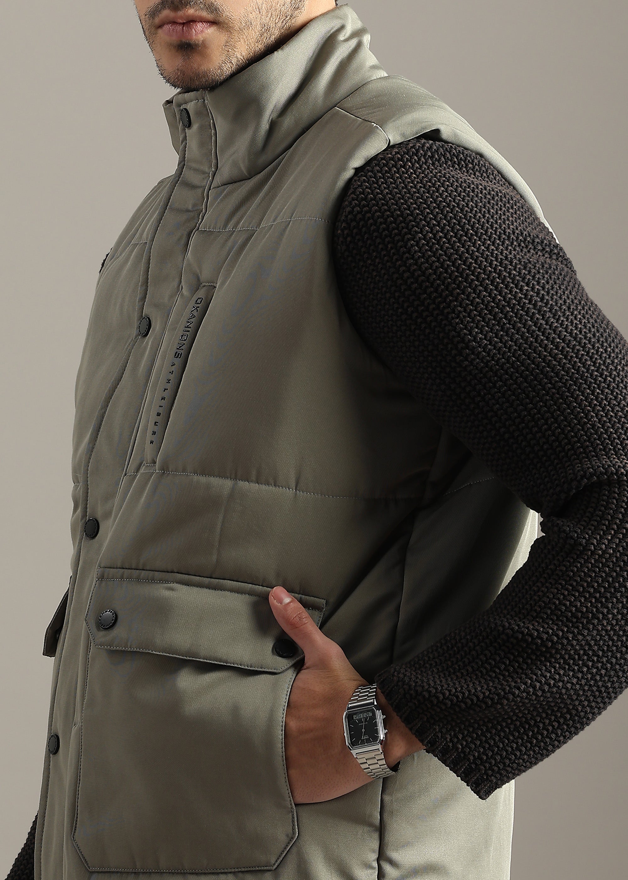 OLIVE SOLID FAUX COTTON CARGO GILET
