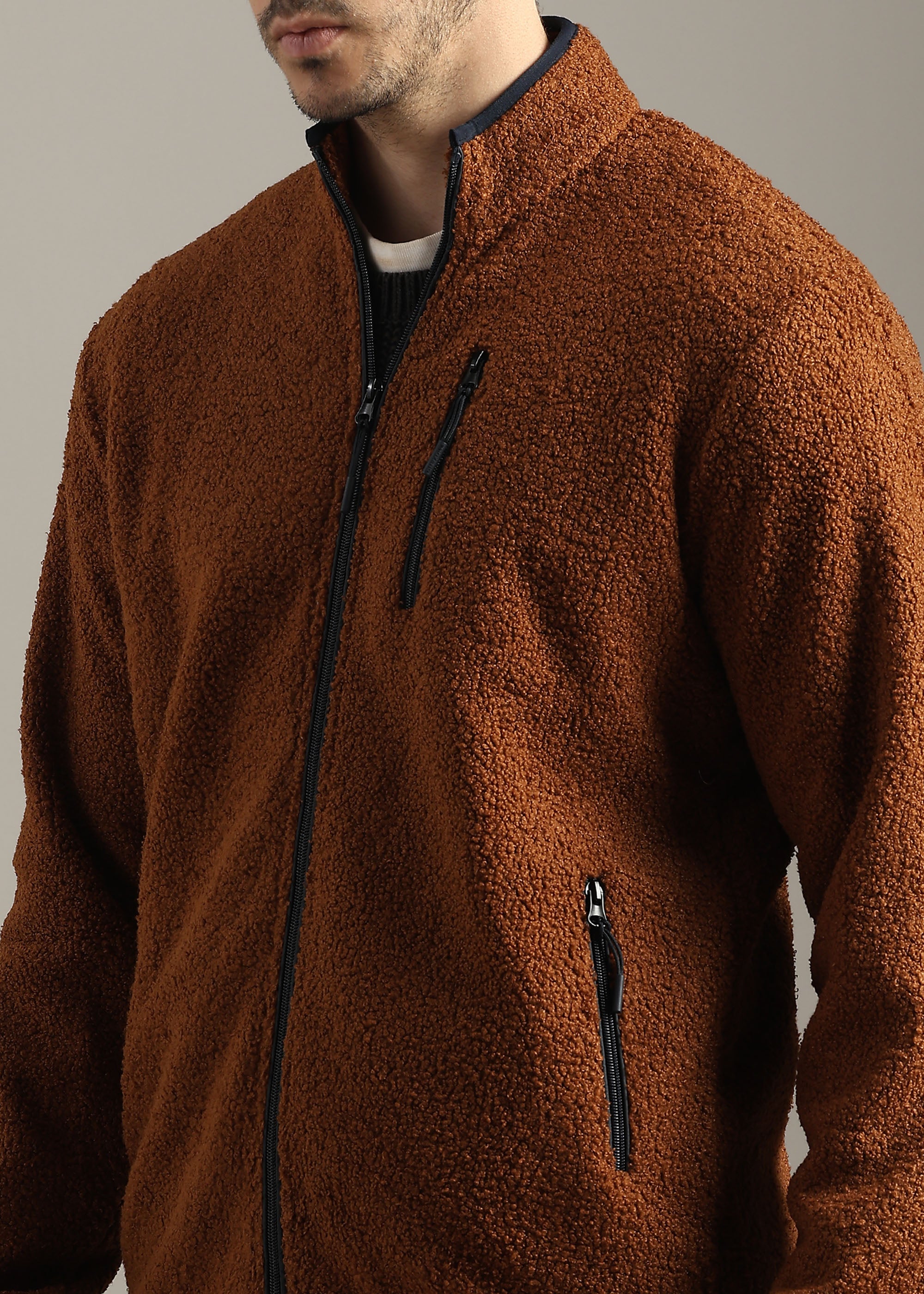 TAN SOLID FAUX FUR SHEARLING ZIPPER