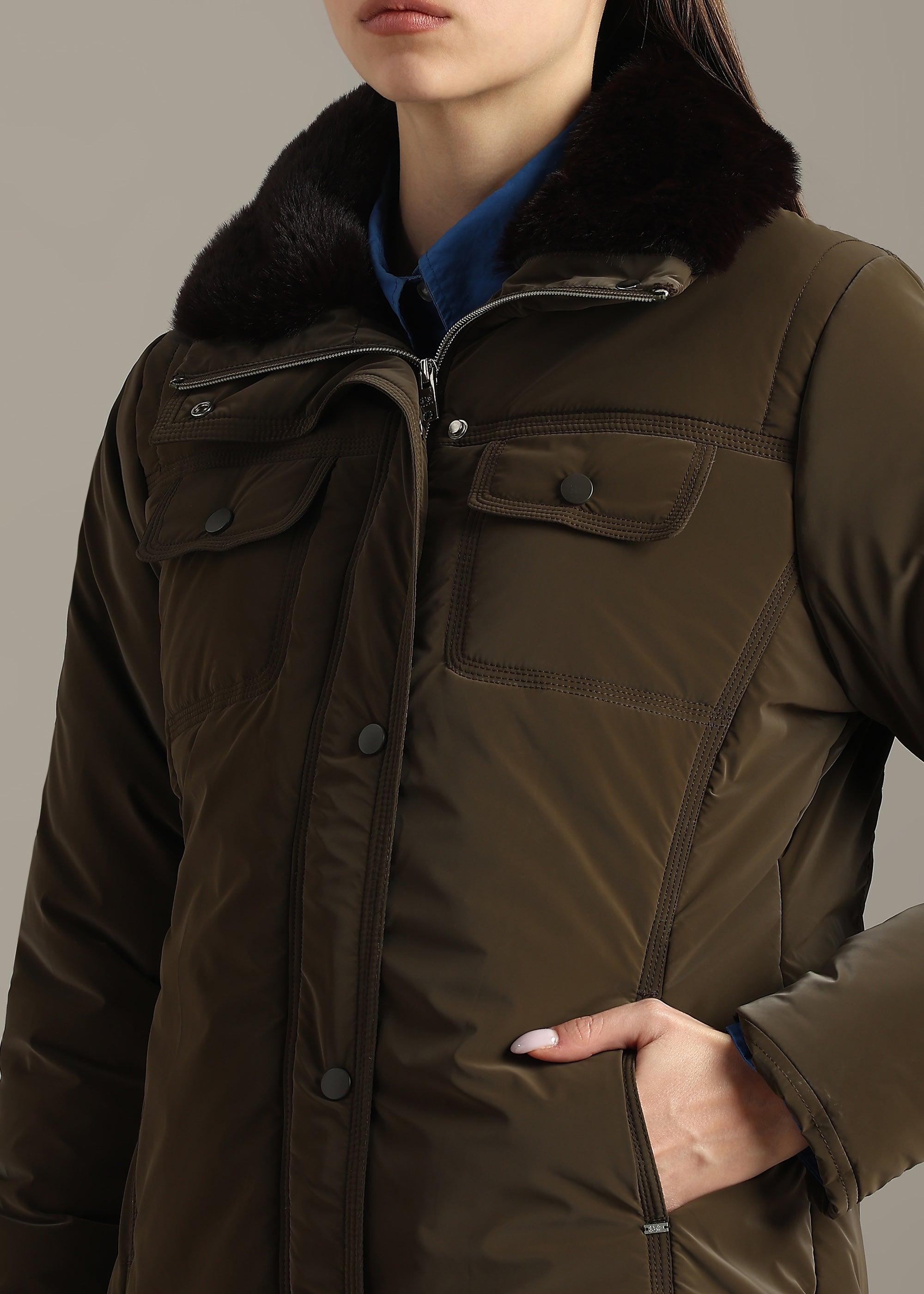 COFFEE SOFT SKIN FUR COLLAR FULL SLEEVE JACKET