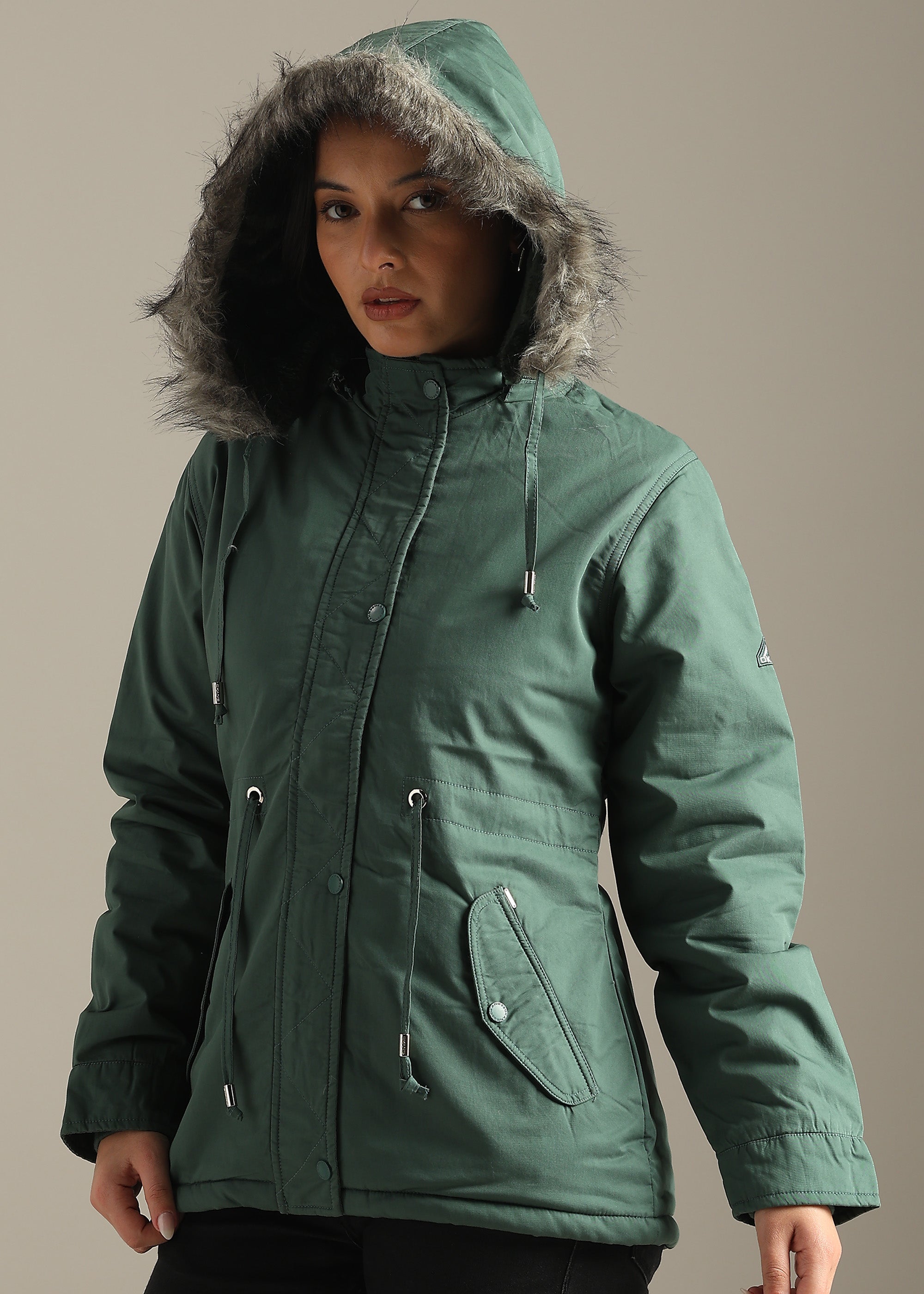 GREEN SOLID COTTON UTILITY FUR BACK FULL SLEEVE JACKET
