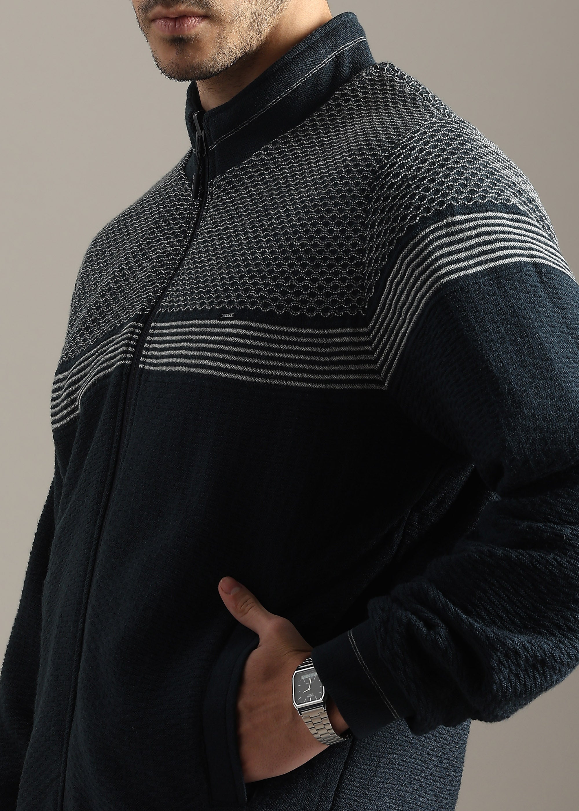 NAVY SOLID REVERSIBLE FULL SLEEVE JACKET WITH ENGINEERED SWEATER
