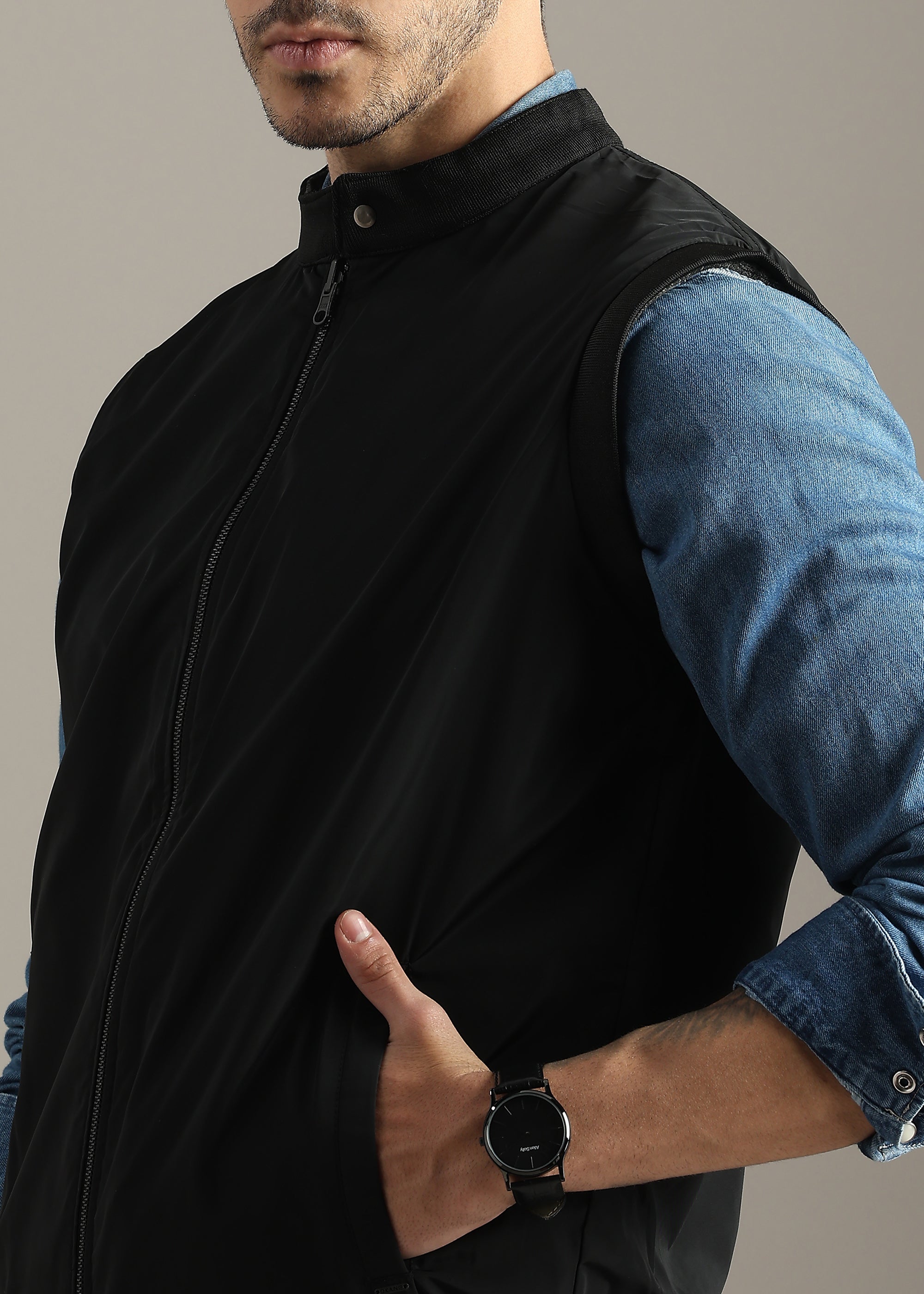 BLACK CHECKED TWEED ELASTANE REVERSIBLE GILET