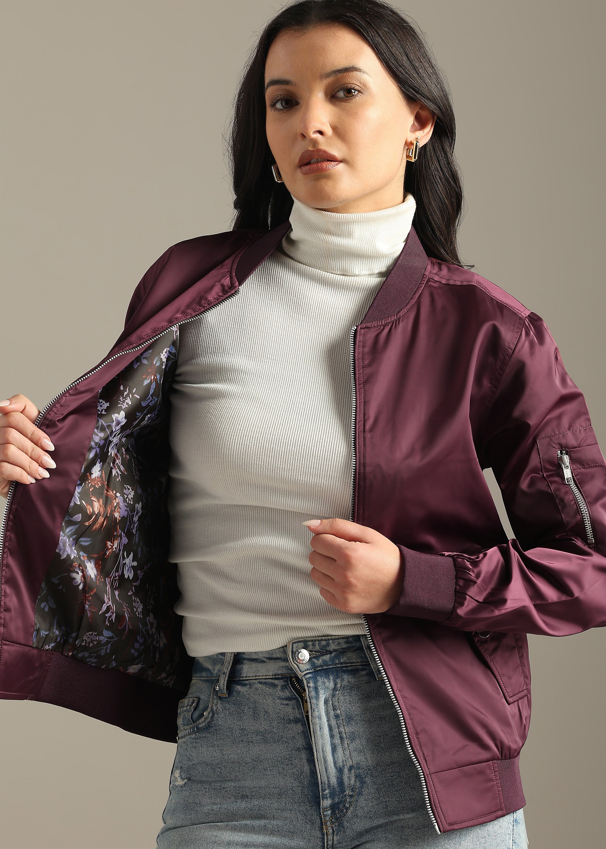 WINE SATIN BOMBER FULL SLEEVE JACKET