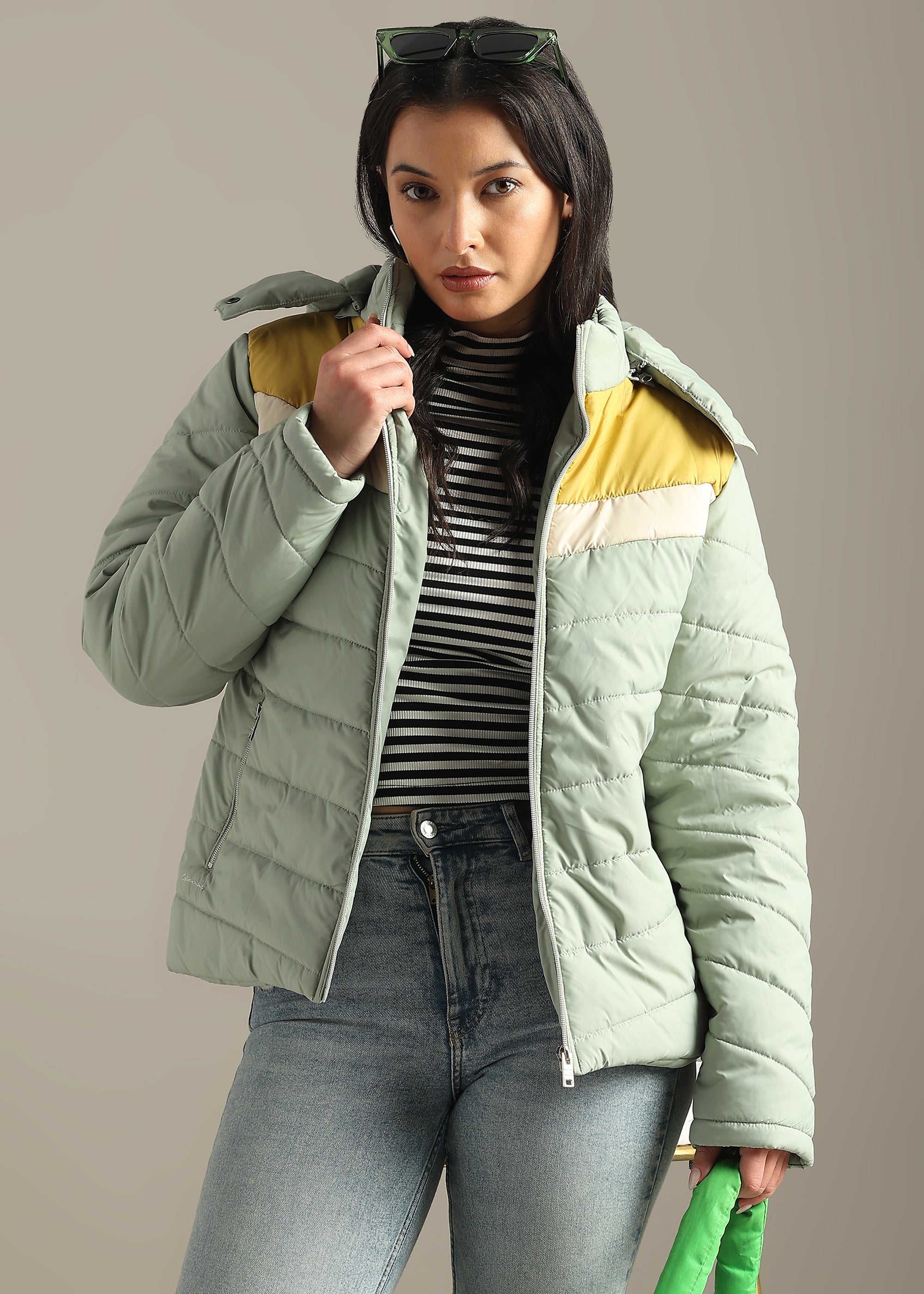 TEAL COLOUR-BLOCK PUFFER FULL SLEEVE JACKET