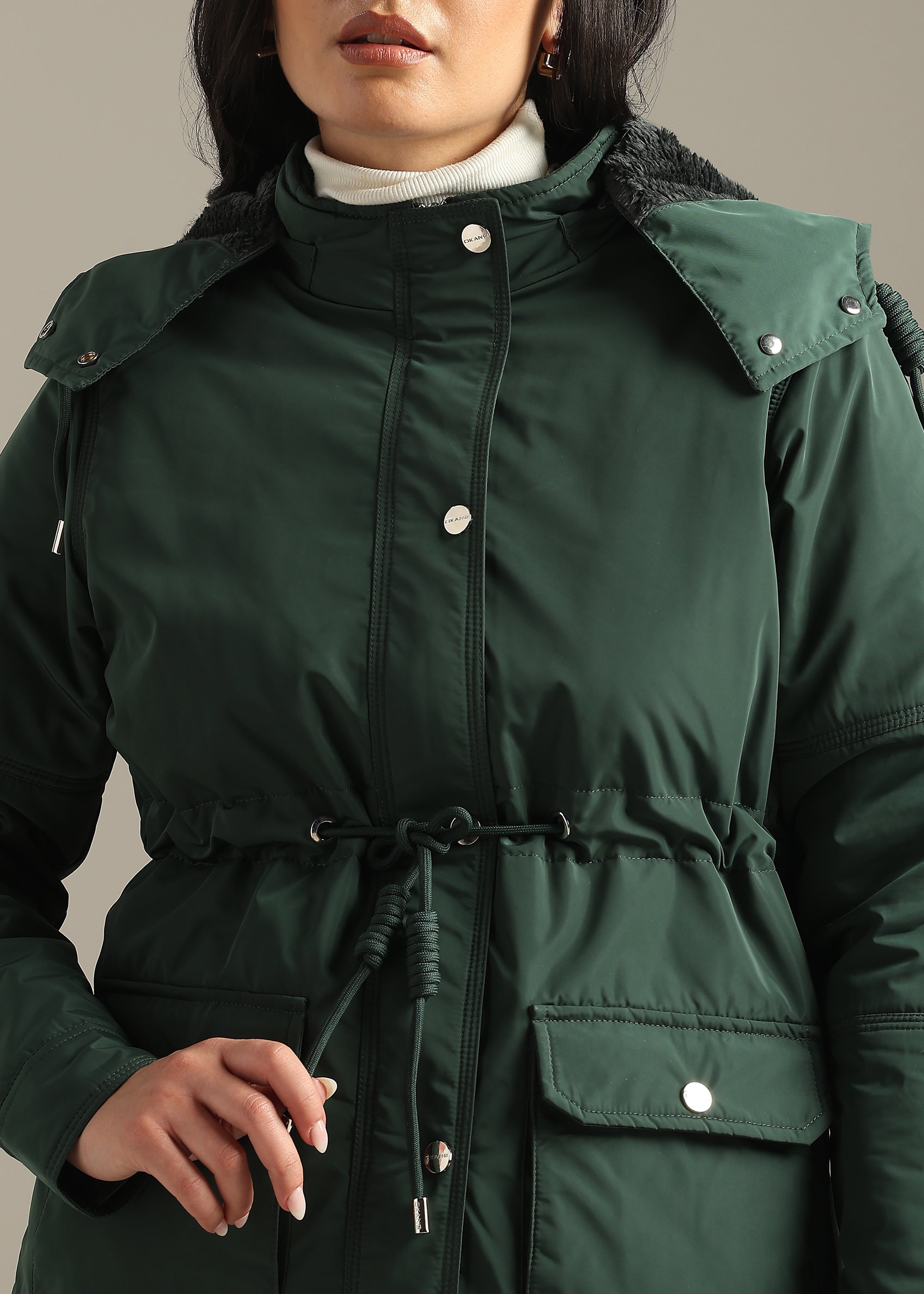 GREEN SOLID FUR PADDED PARKA FULL SLEEVE JACKET