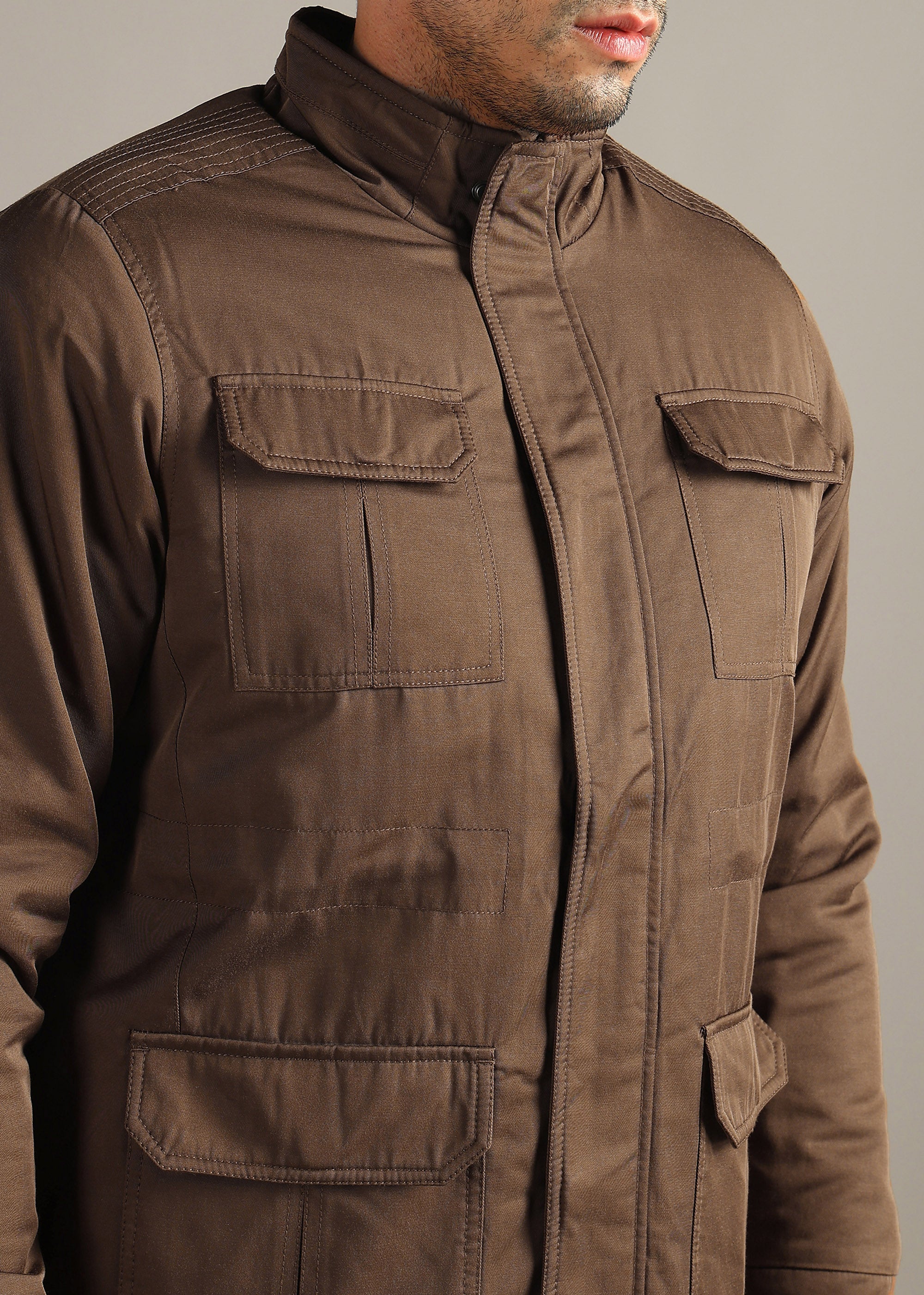 COFFEE SOLID FUR COTTON CARGO FULL SLEEVE JACKET