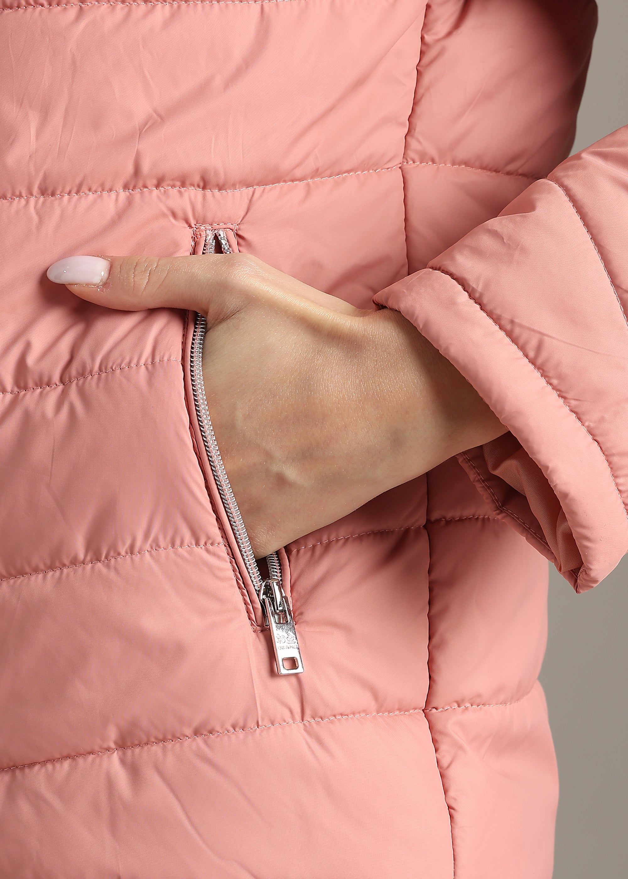 PINK COLOUR-BLOCK PUFFER FULL SLEEVE JACKET