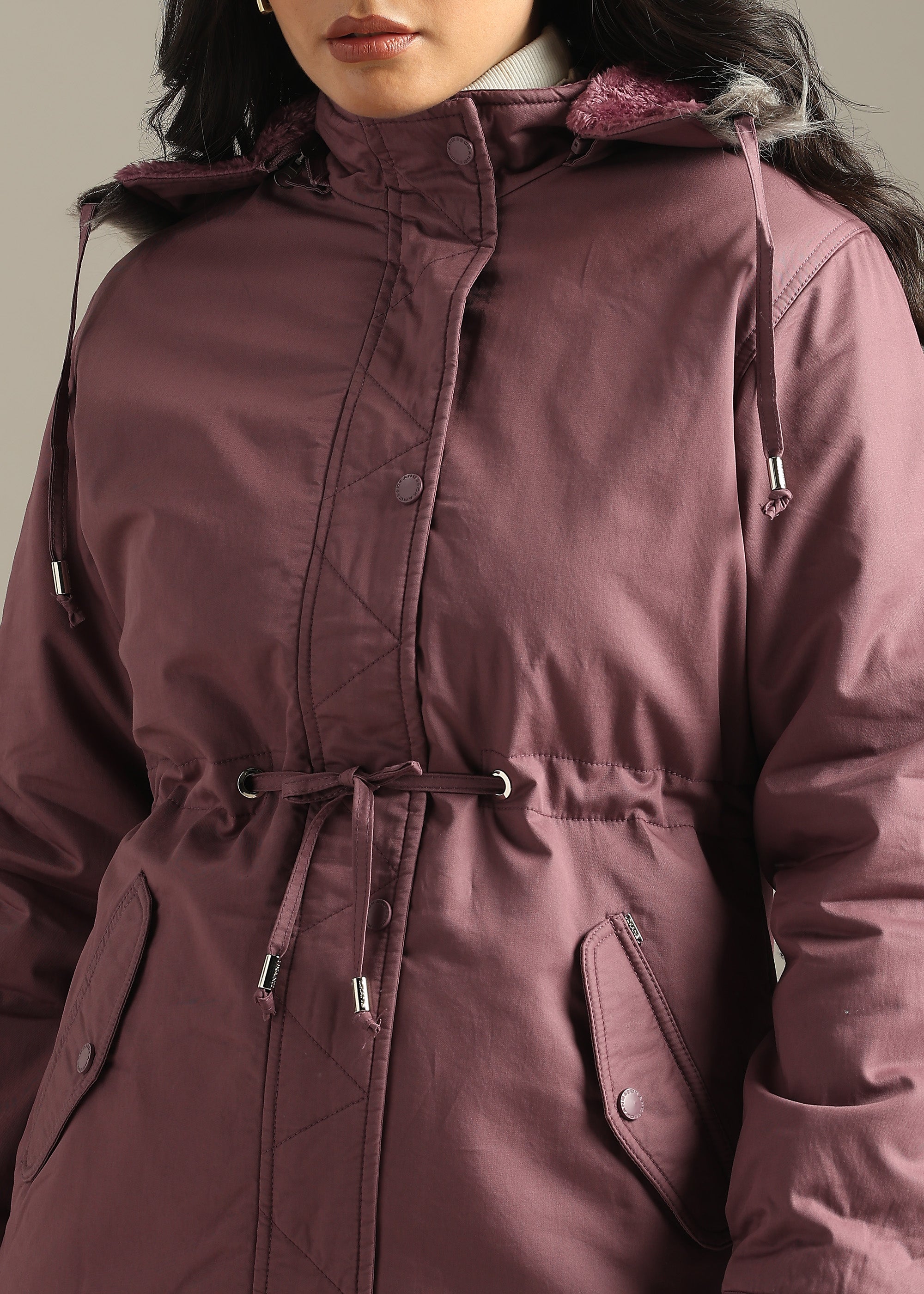 PINK SOLID COTTON UTILITY FUR BACK FULL SLEEVE JACKET