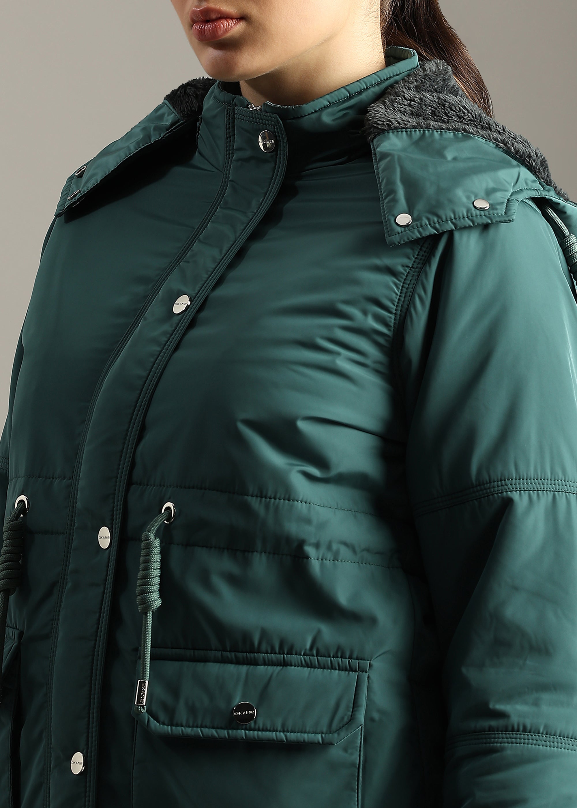 GREEN SOLID FUR PADDED PARKA FULL SLEEVE JACKET