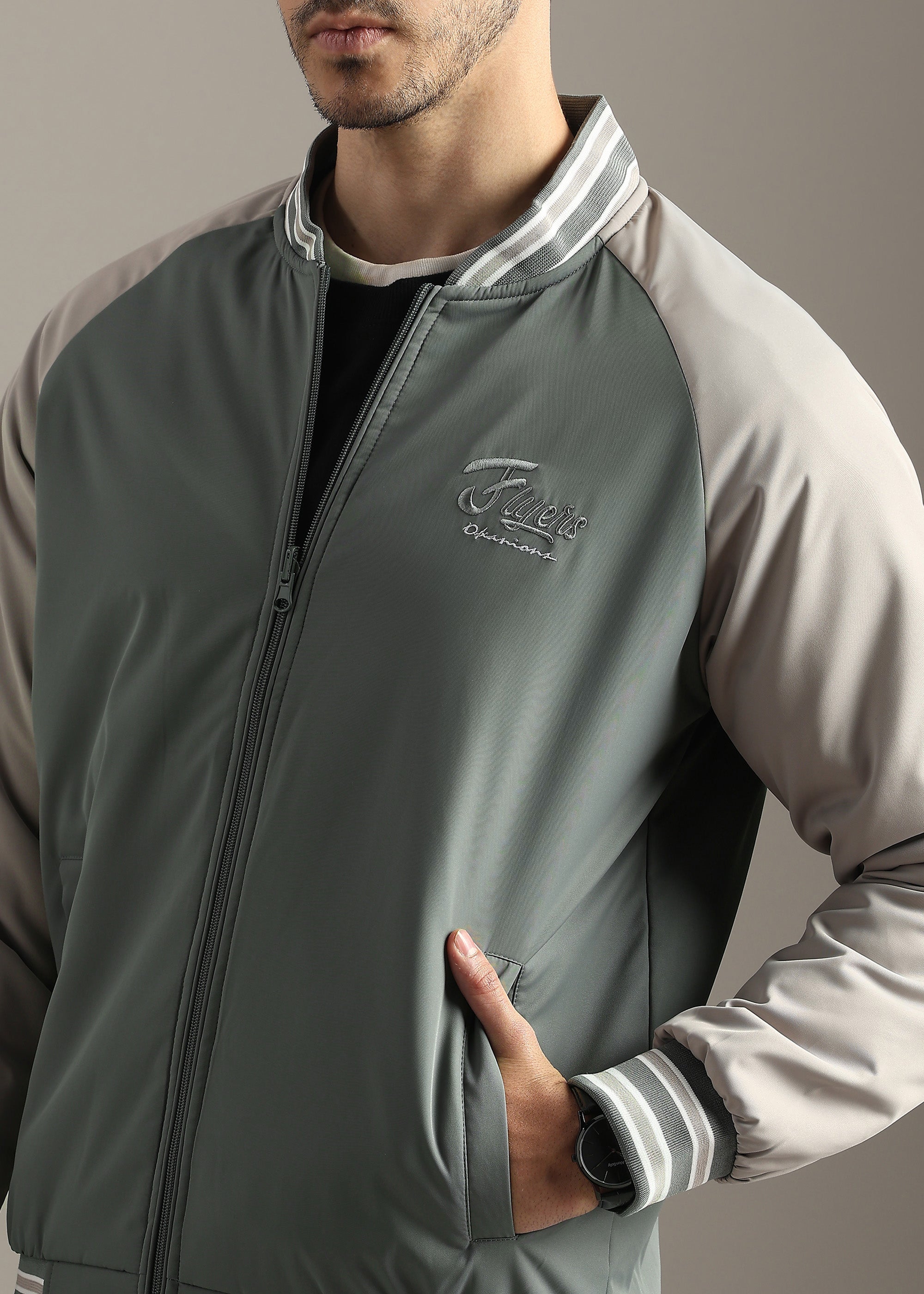 OLIVE COLOUR BLOCK REVERSIBLE FULL SLEEVE JACKET