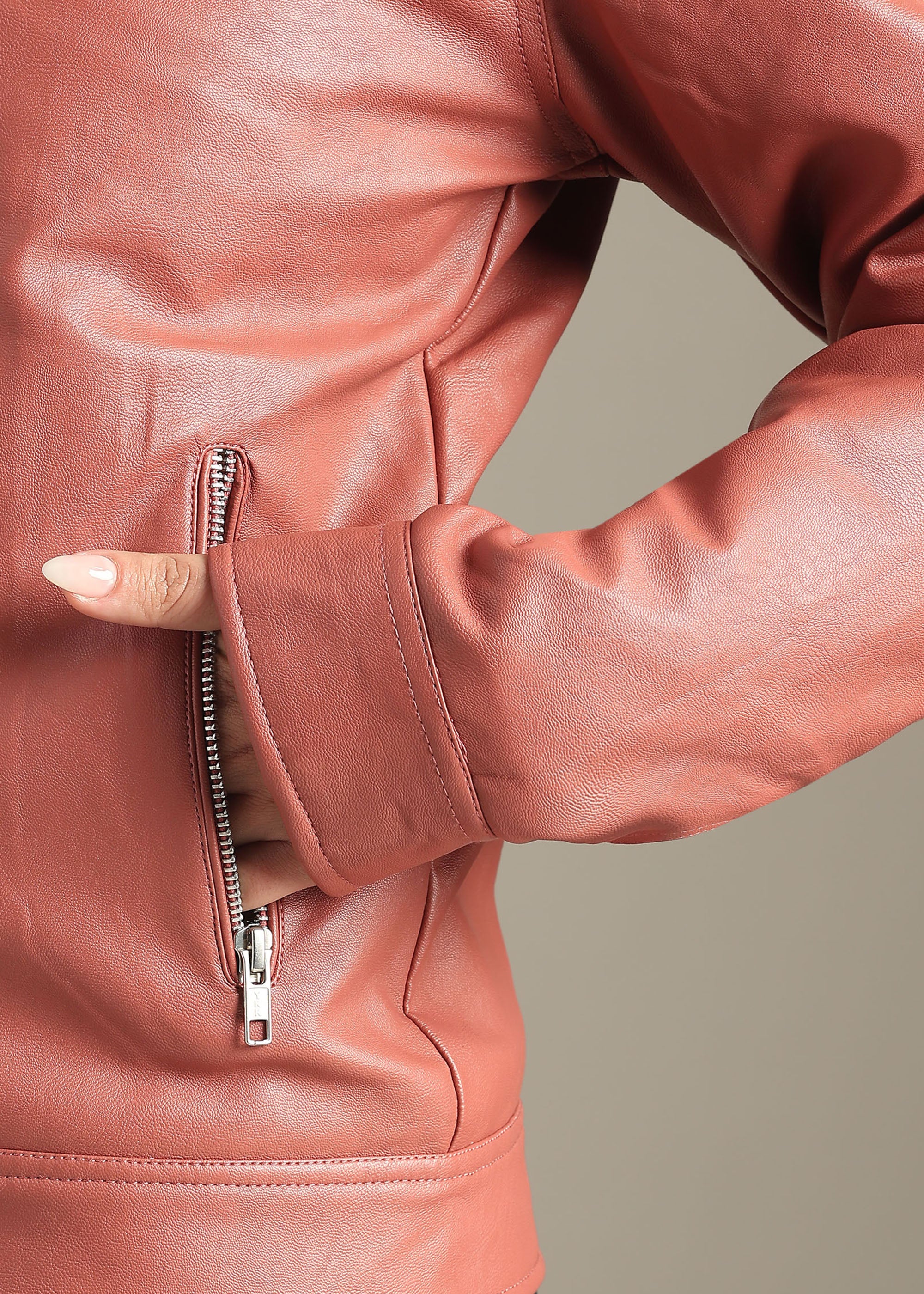 PINK SOLID PU LEATHER FULL SLEEVE JACKET