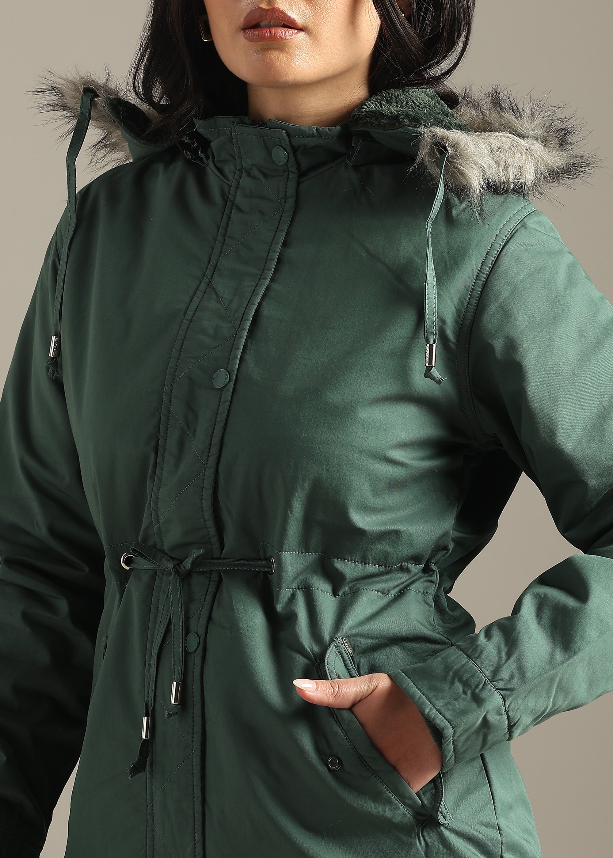 GREEN SOLID COTTON UTILITY FUR BACK FULL SLEEVE JACKET