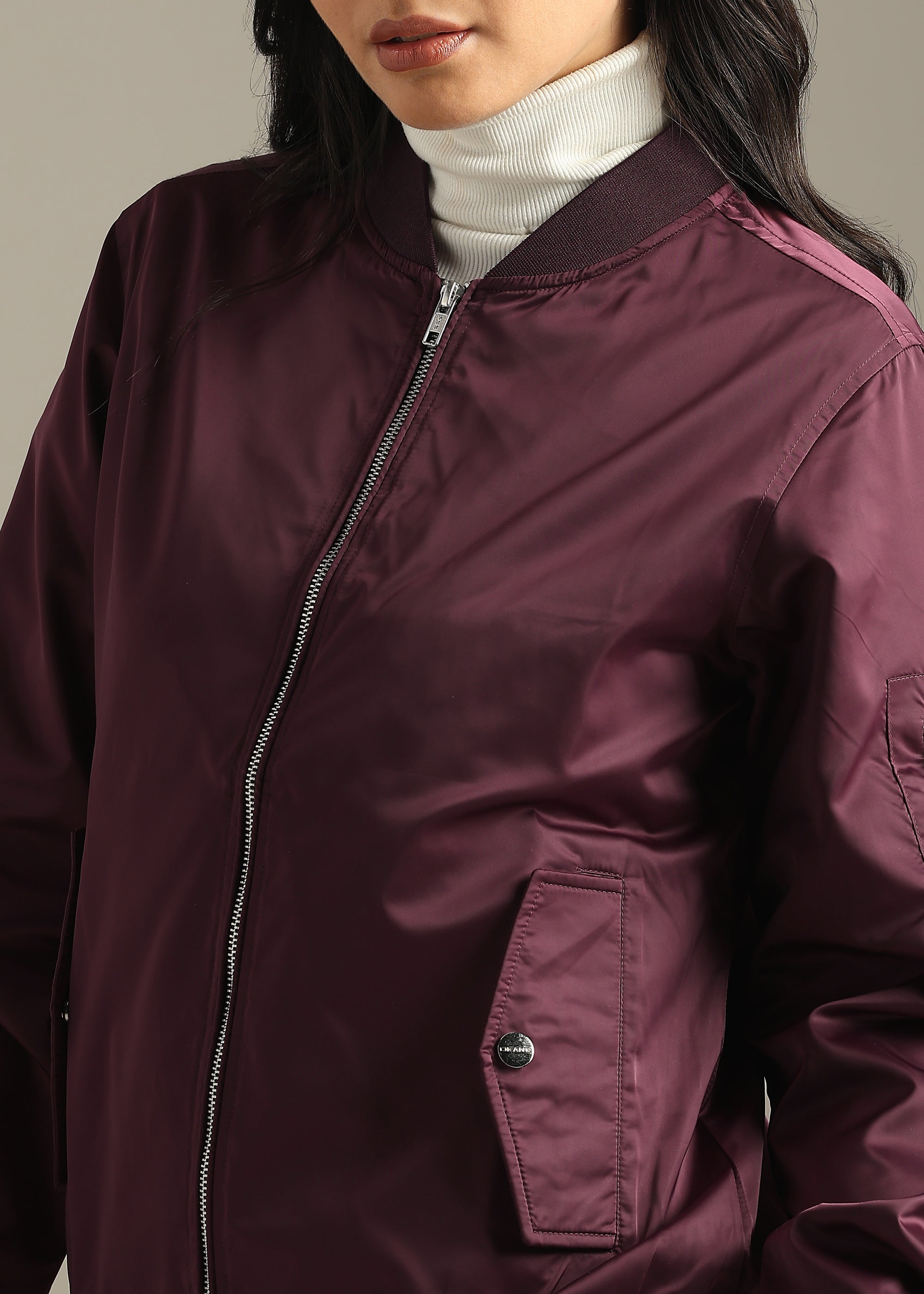 WINE SATIN BOMBER FULL SLEEVE JACKET