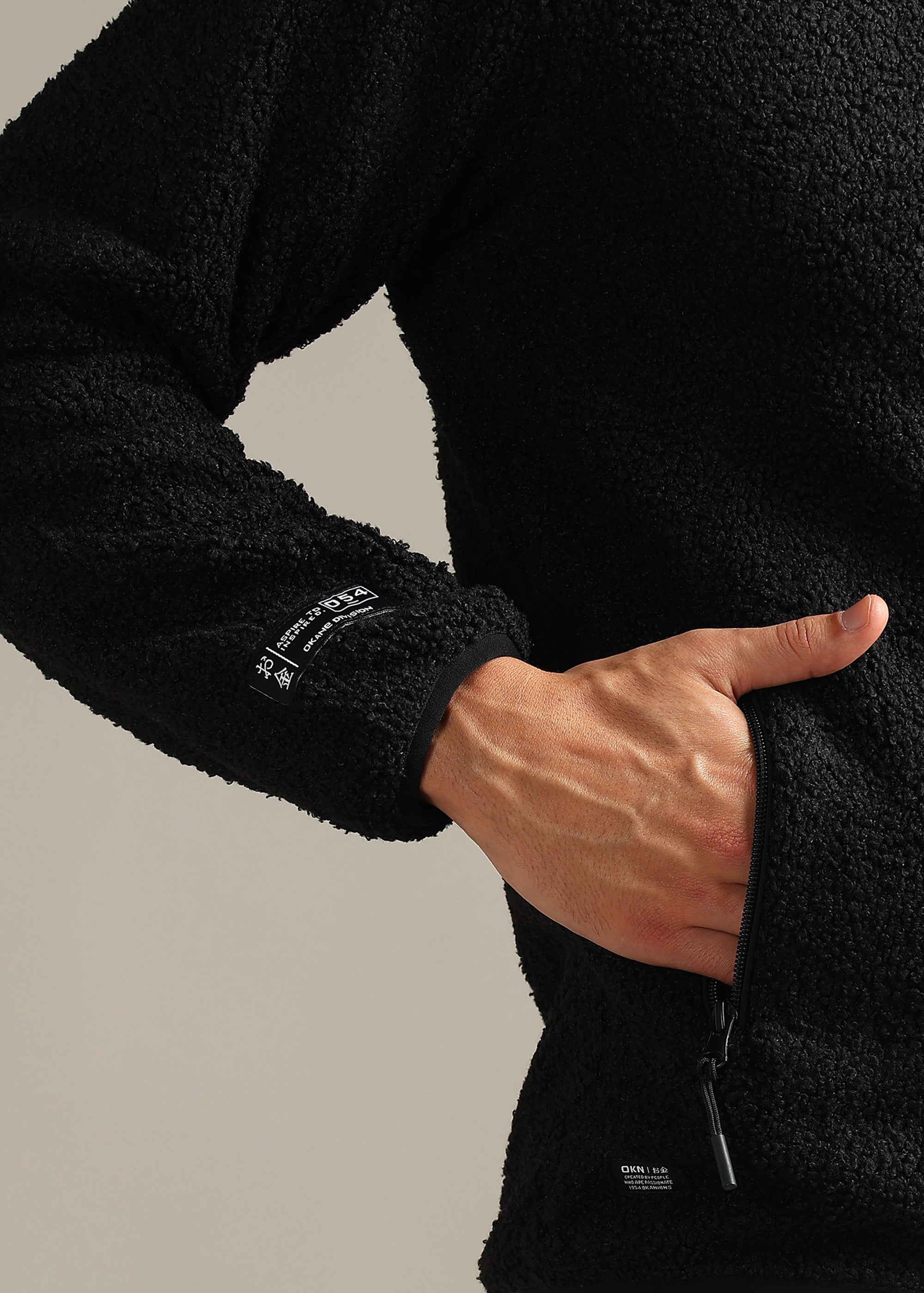 BLACK SOLID FOUX SHEARLING ZIPPER SWEAT SHIRT