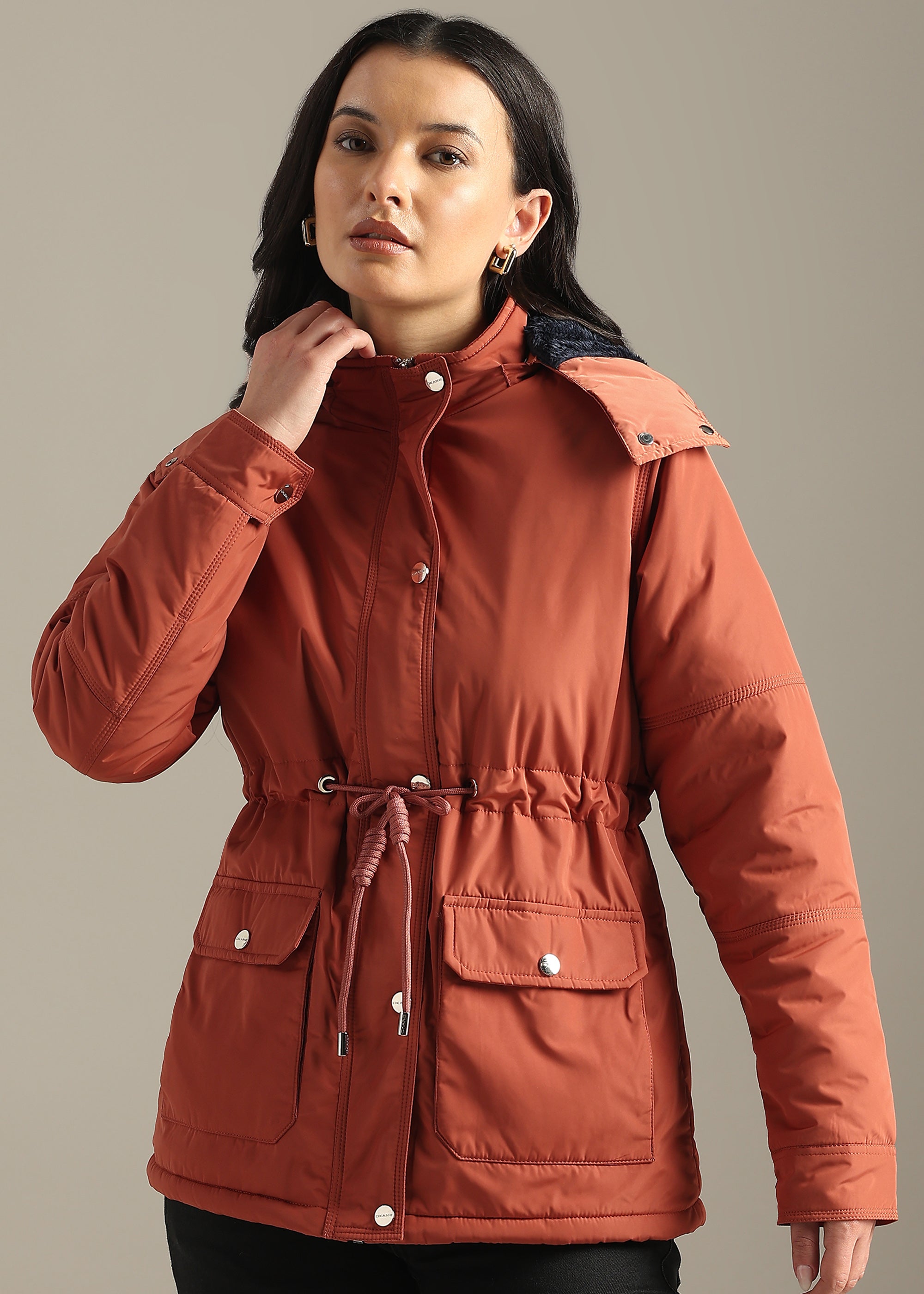 PEACH SOLID FUR PADDED PARKA FULL SLEEVE JACKET