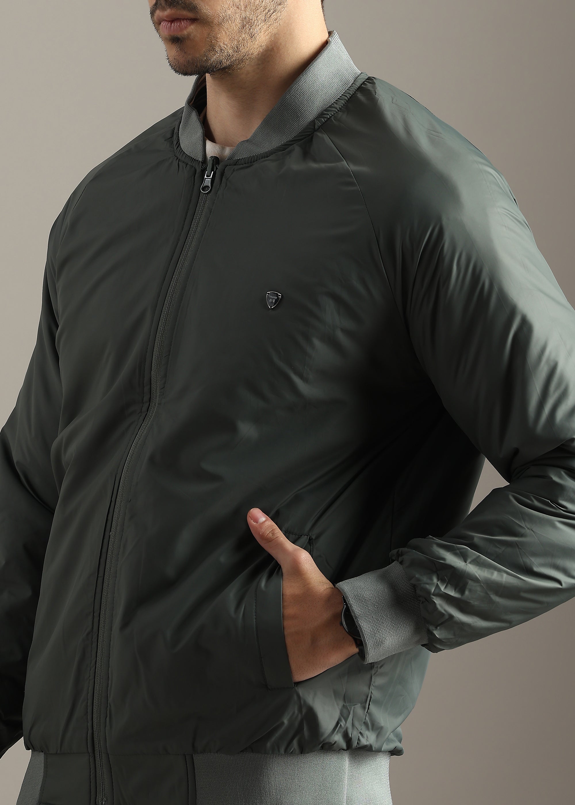 OLIVE COLOUR BLOCK REVERSIBLE FULL SLEEVE JACKET