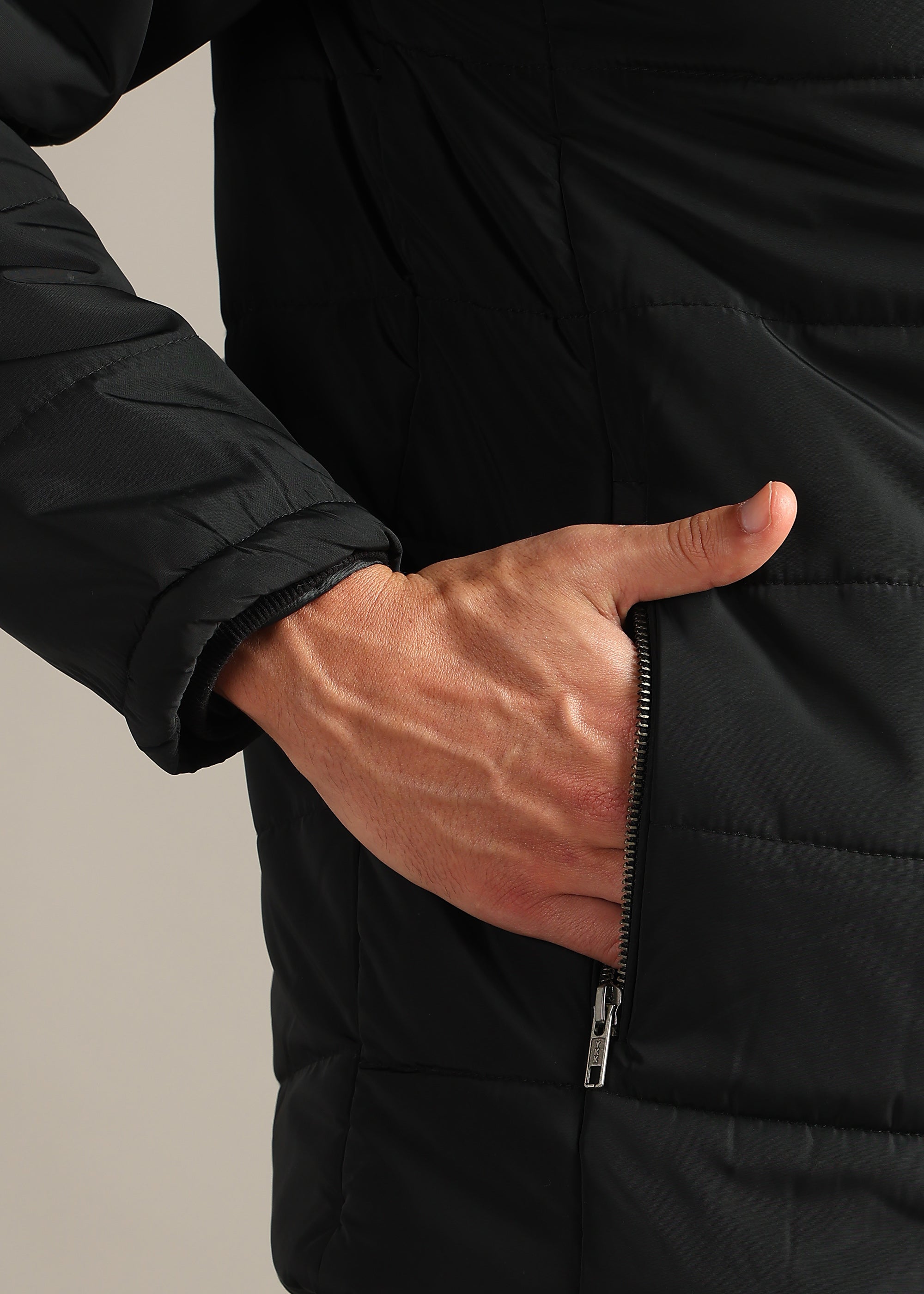 BLACK FUR PADDED HOODIE FULL SLEEVE JACKET