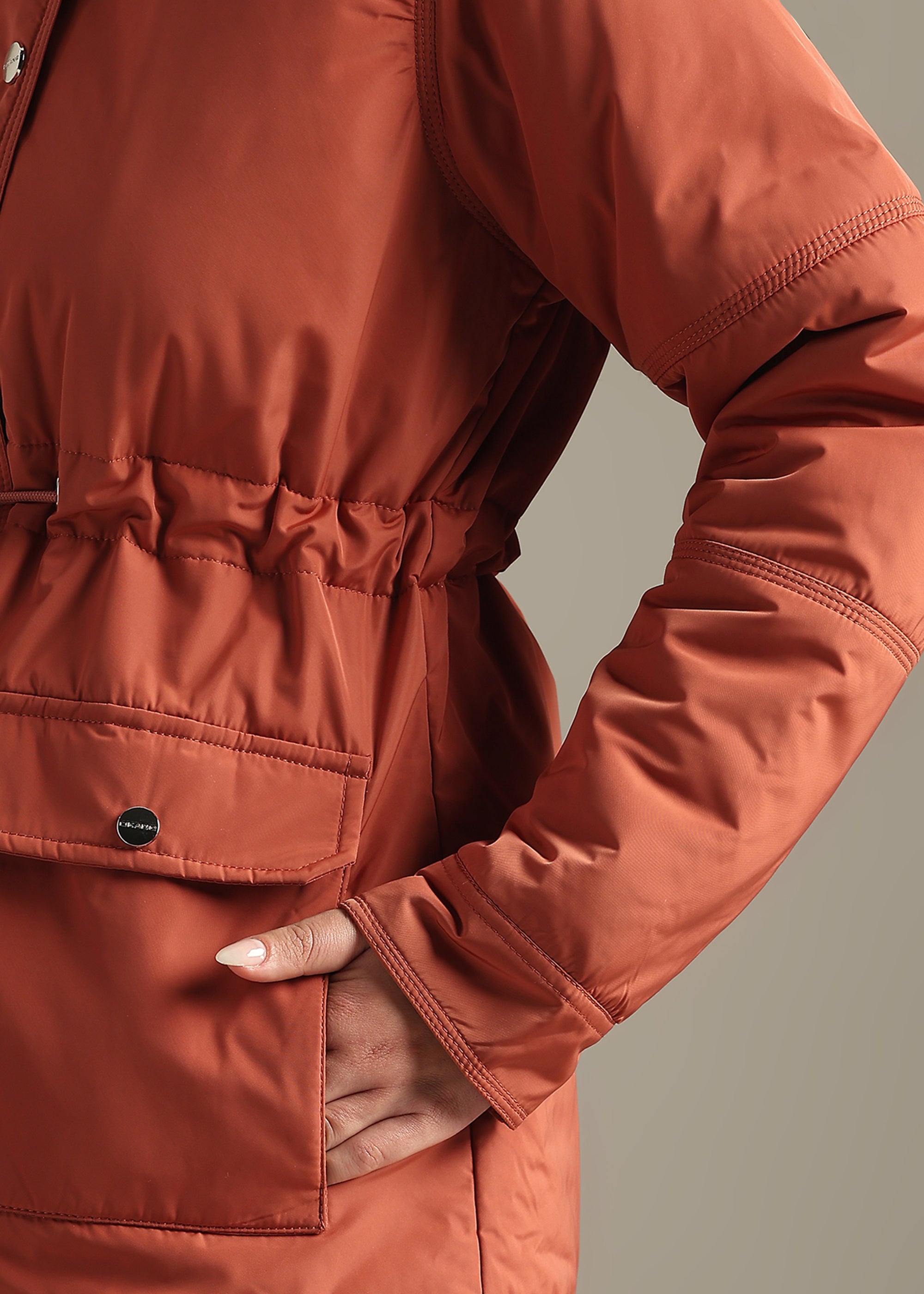 PEACH SOLID FUR PADDED PARKA FULL SLEEVE JACKET